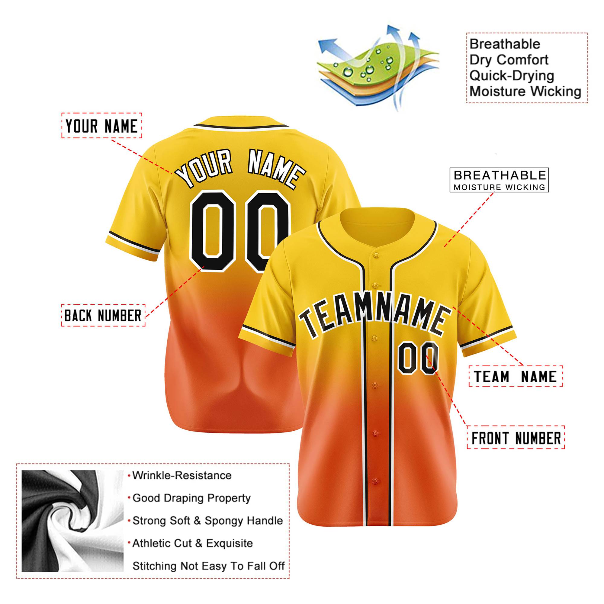 Custom Gold Orange-Black Authentic Fade Fashion Baseball Jersey