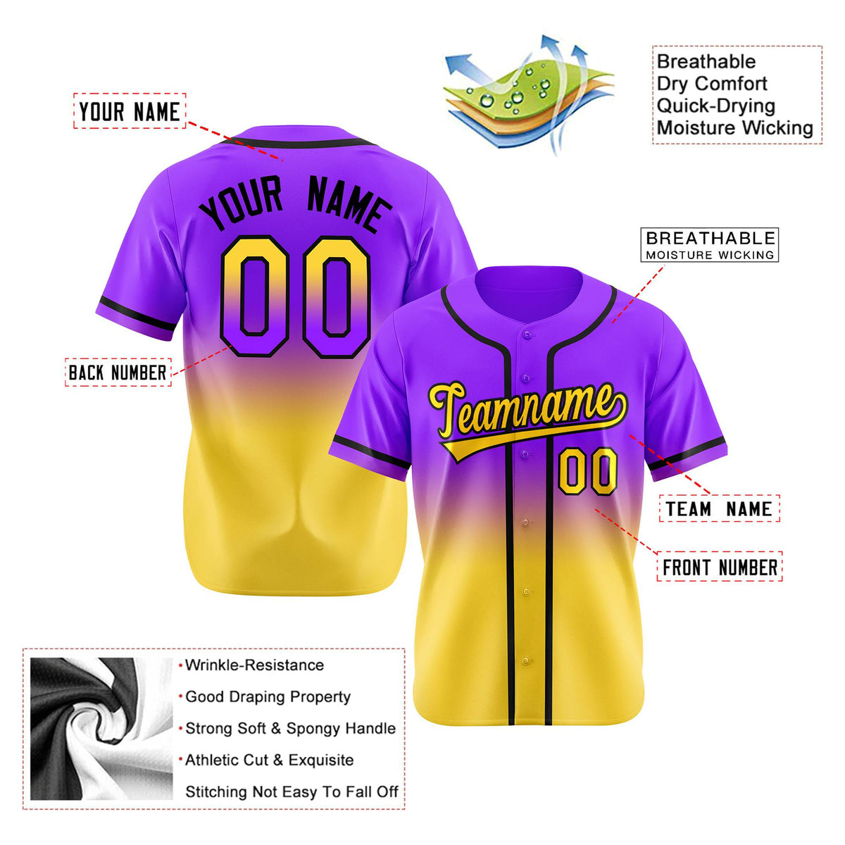 Custom Purple Yellow-Black Authentic Fade Fashion Baseball Jersey