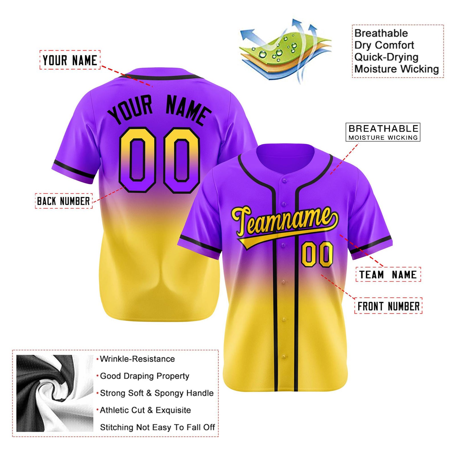 Custom Purple Yellow-Black Authentic Fade Fashion Baseball Jersey