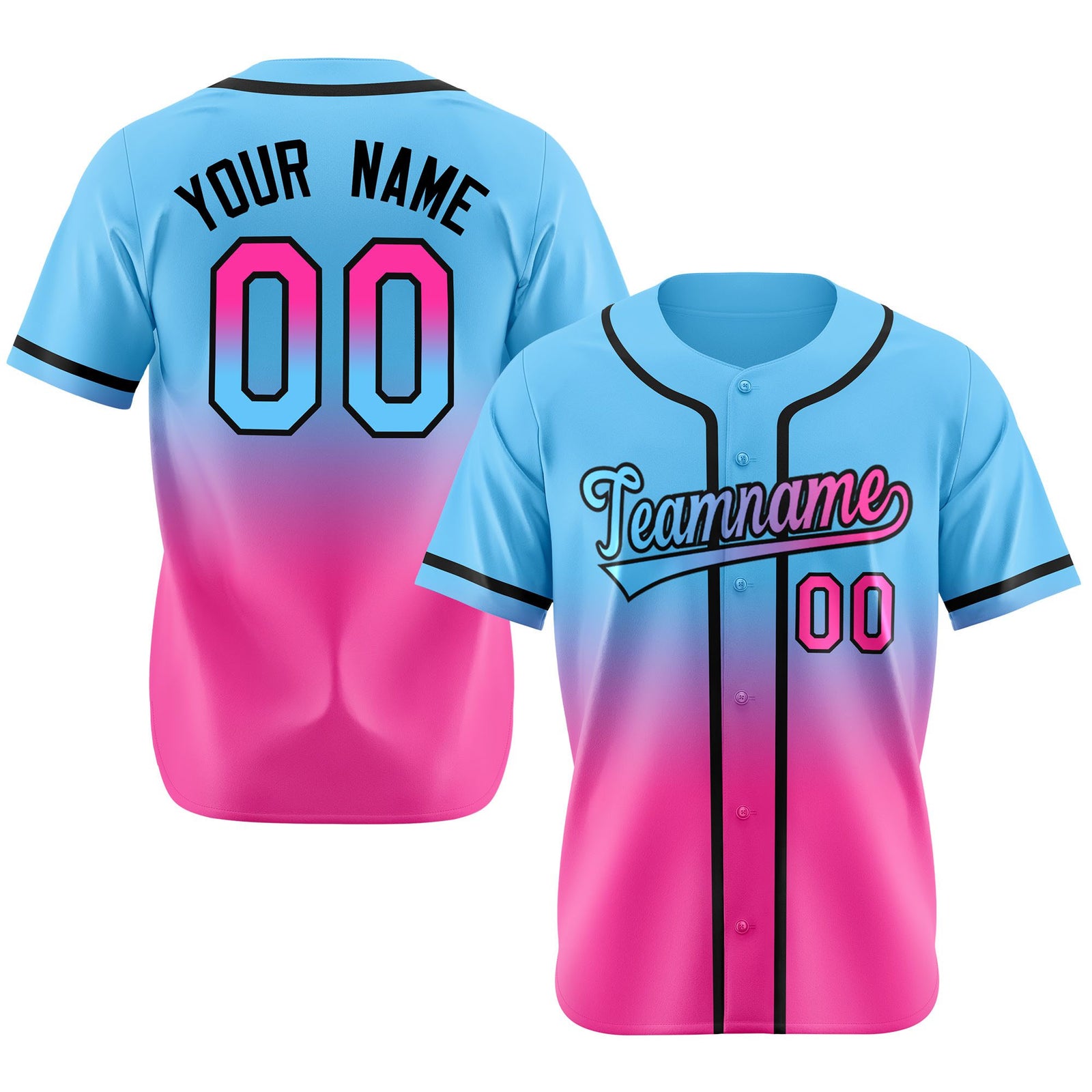 Custom Light Blue Pink-Black Authentic Fade Fashion Baseball Jersey
