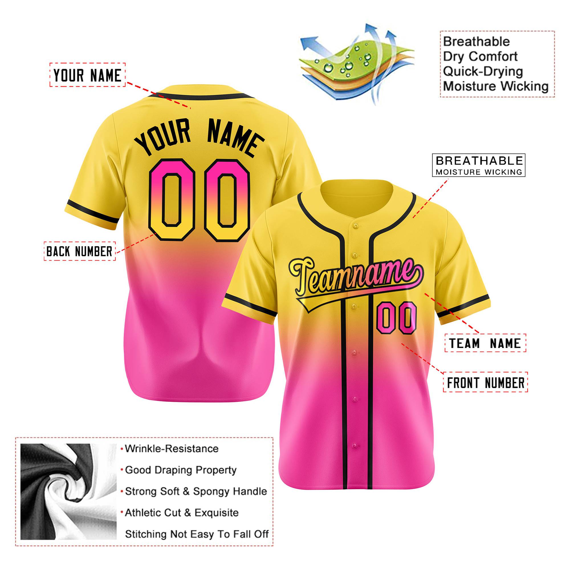 Custom Yellow Pink-Black Authentic Fade Fashion Baseball Jersey