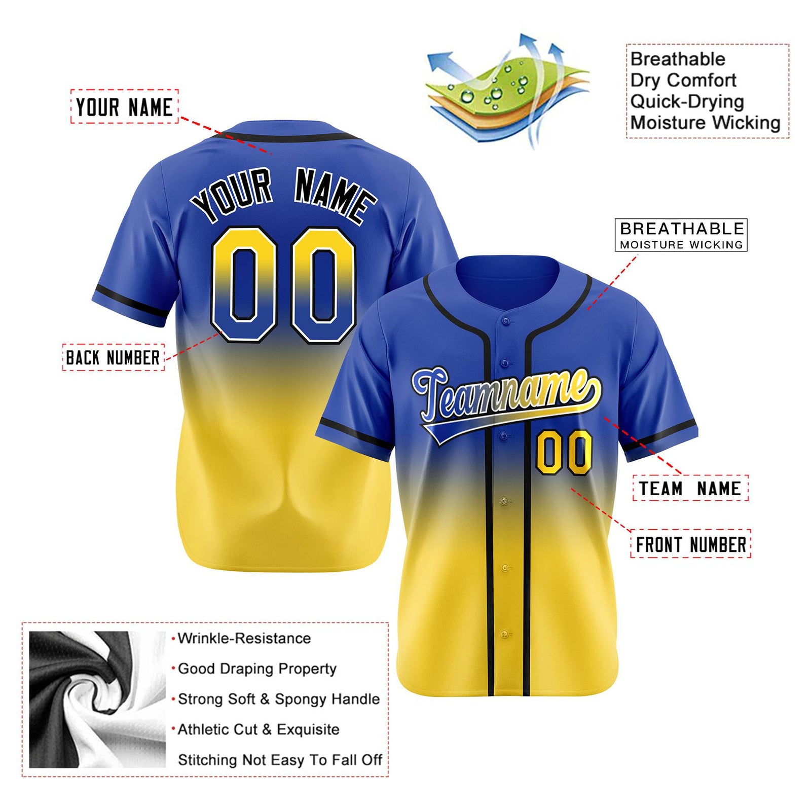 Custom Blue Yellow-Black Authentic Fade Fashion Baseball Jersey