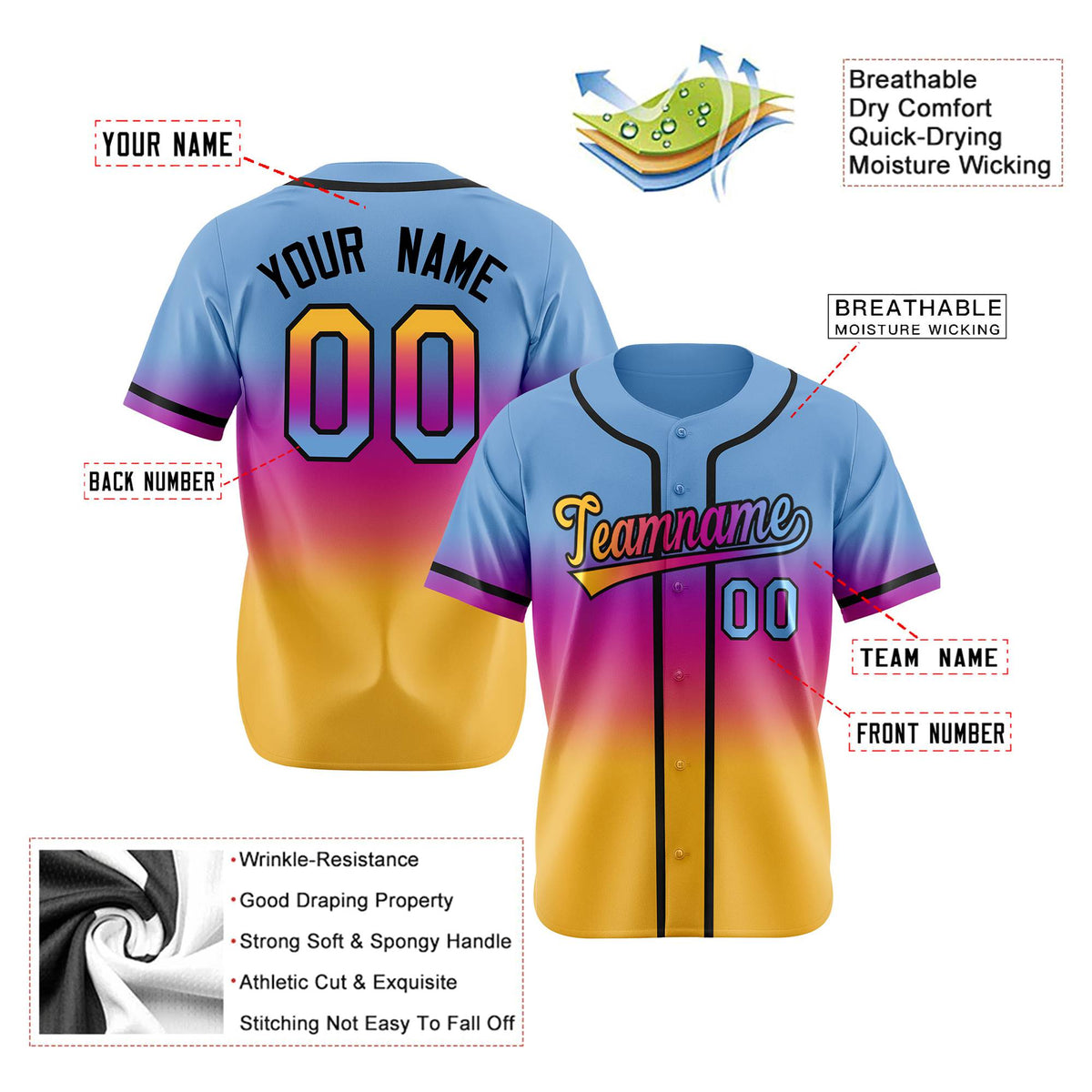 Custom Light Blue Pink-Yellow Black Authentic Fade Fashion Baseball Jersey