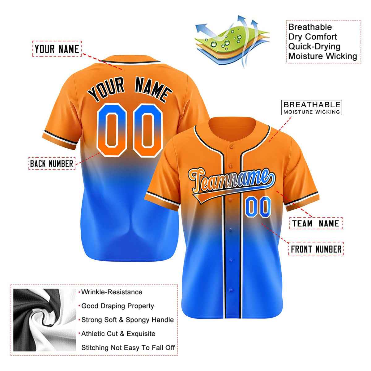 Custom Orange Sky Blue Black Authentic Fade Fashion Baseball Jersey