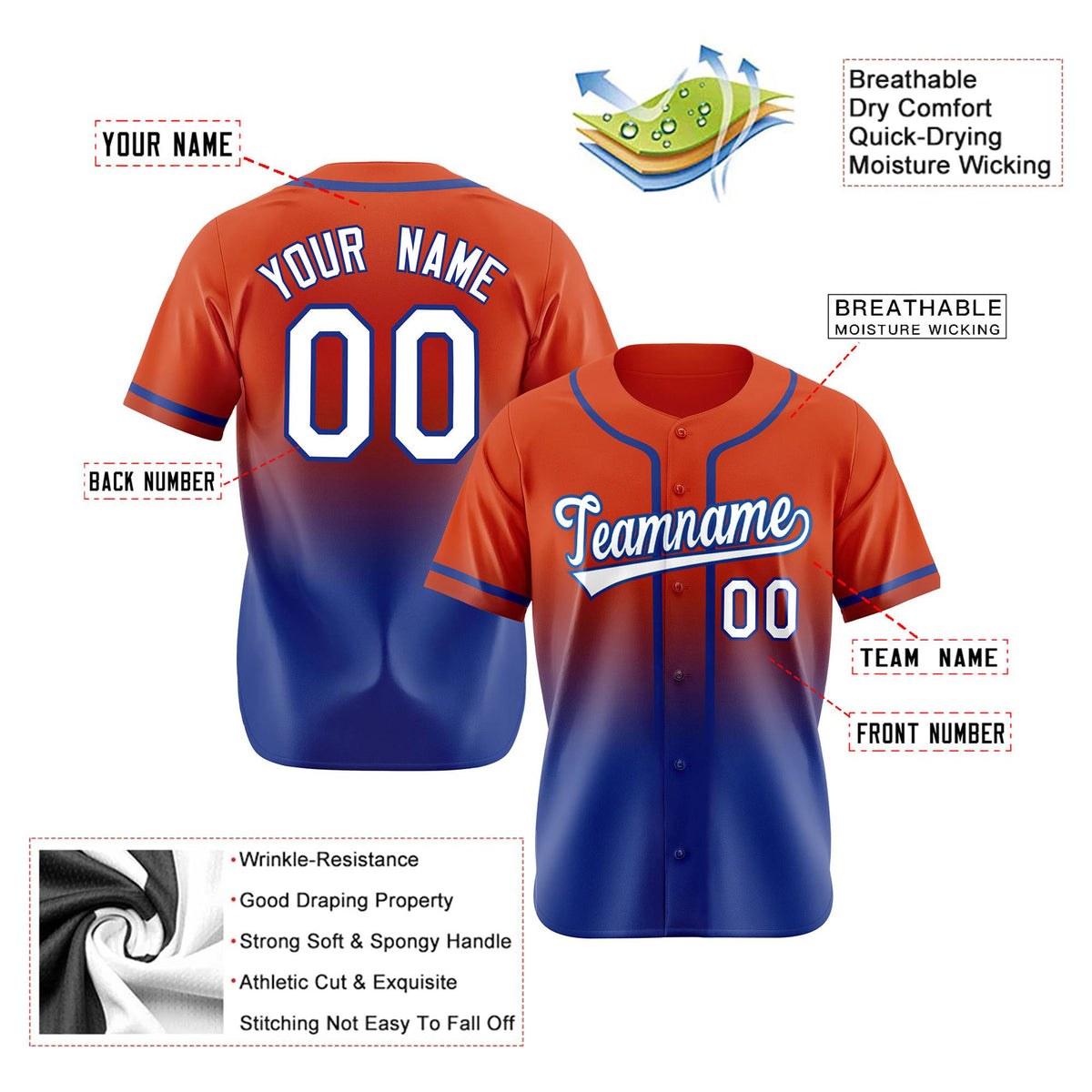 Custom Orange-Royal Blue-White Authentic Fade Fashion Baseball Jersey