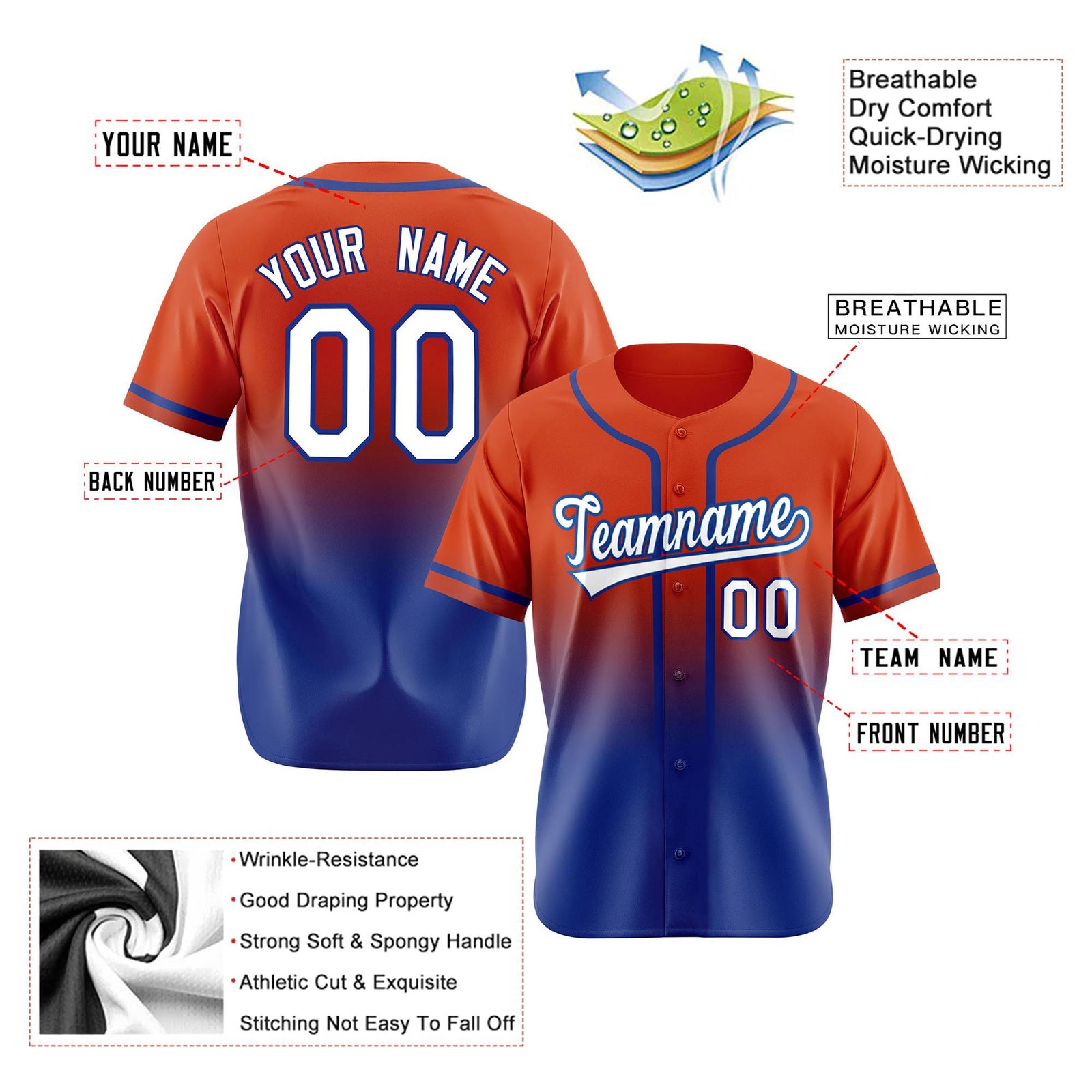 Custom Orange-Royal Blue-White Authentic Fade Fashion Baseball Jersey