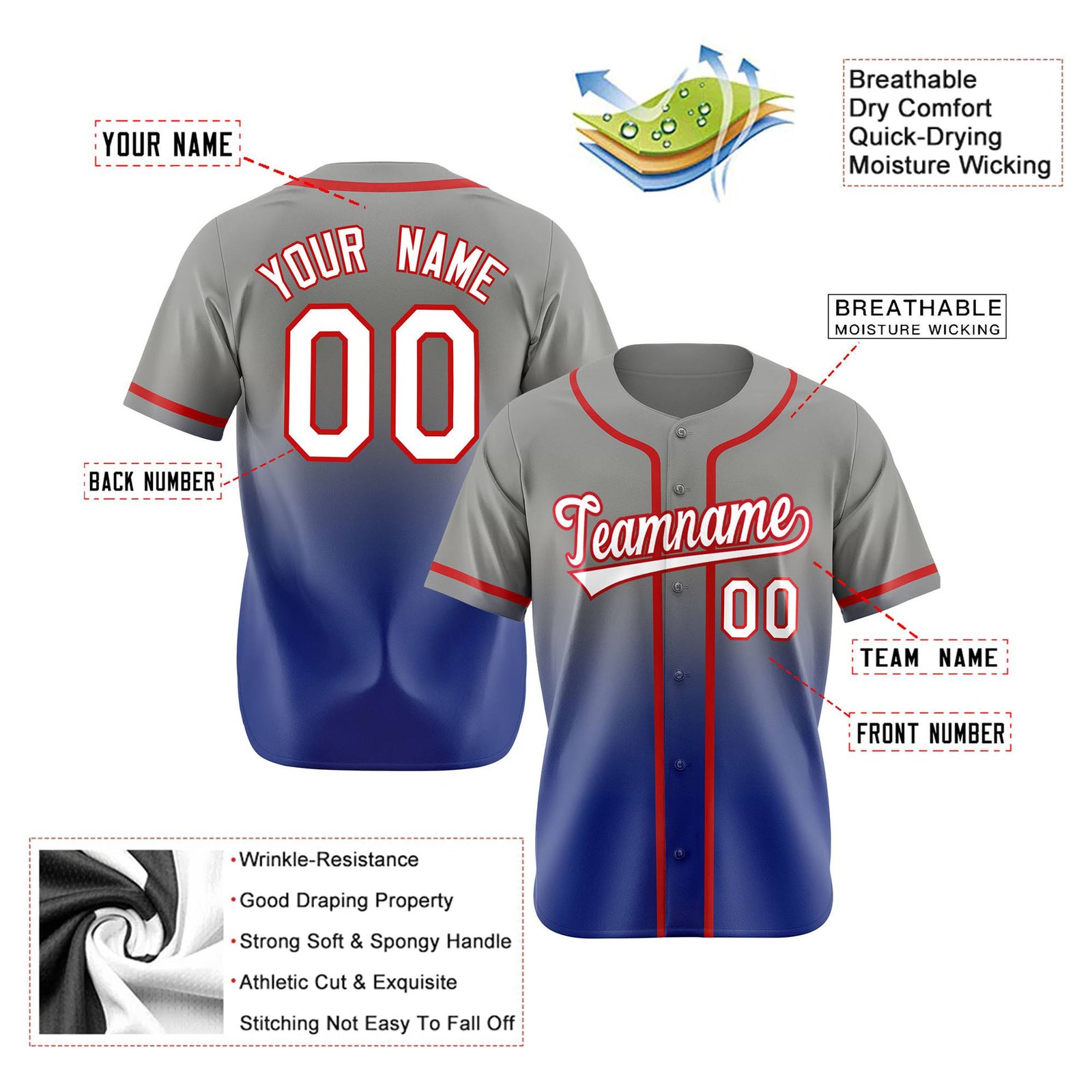 Custom Gray Royal Blue Red Authentic Fade Fashion Baseball Jersey