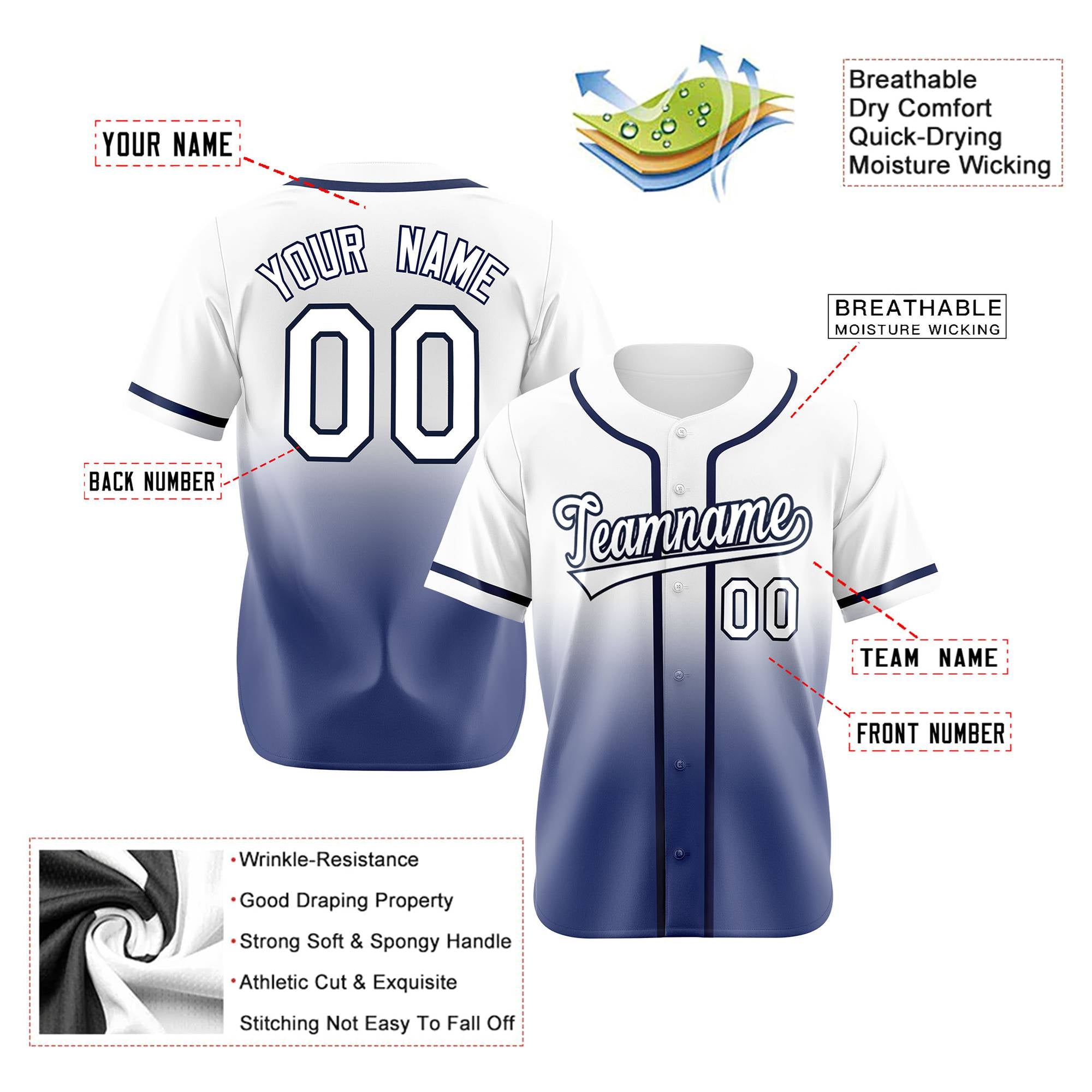 Custom Whit Blue Authentic Fade Fashion Baseball Jersey