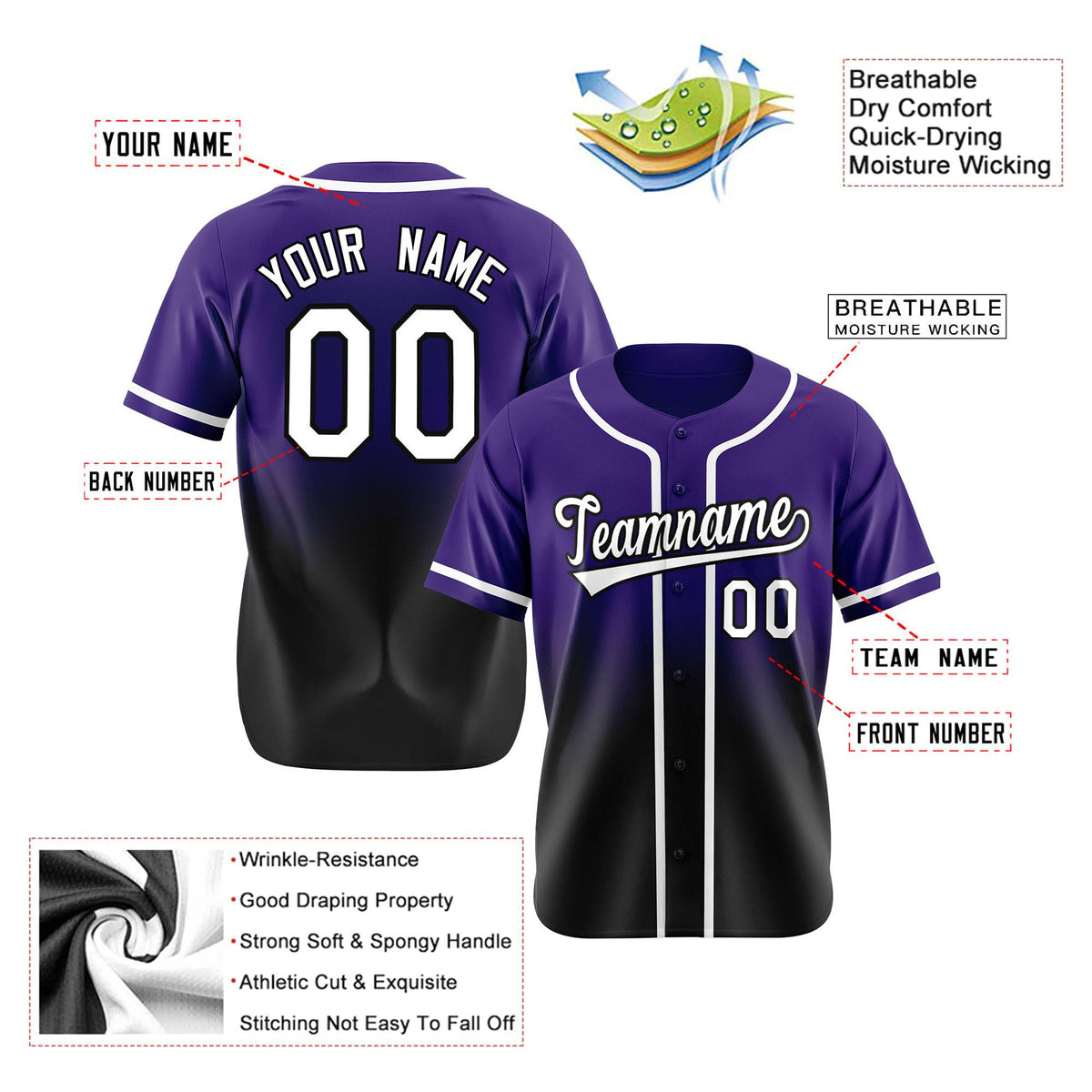 Custom Purple Black-White Authentic Fade Fashion Baseball Jersey