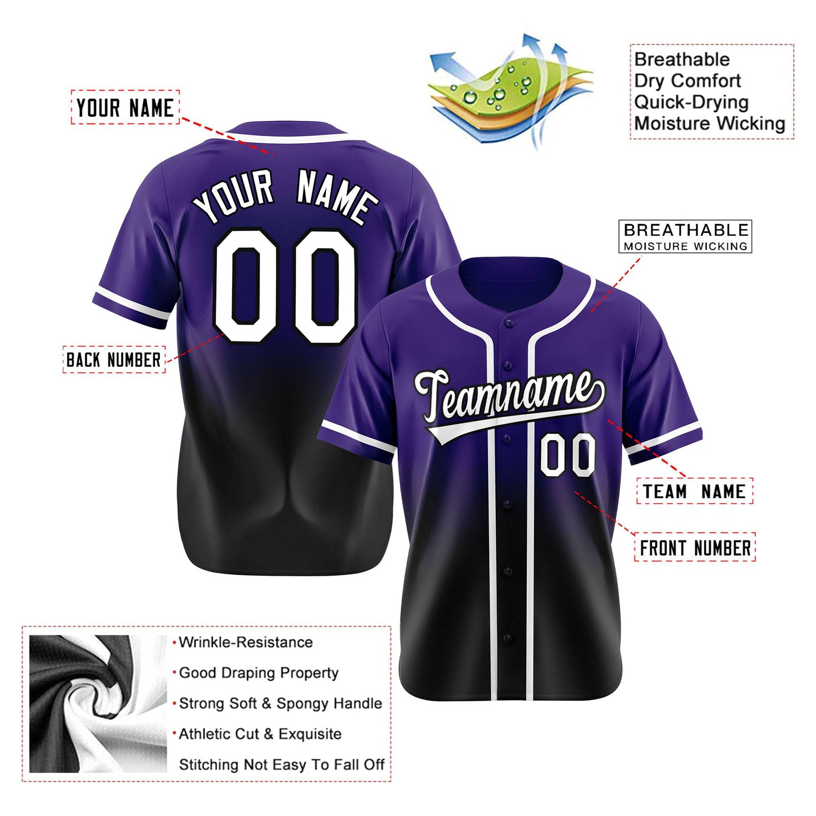 Custom Purple Black-White Authentic Fade Fashion Baseball Jersey