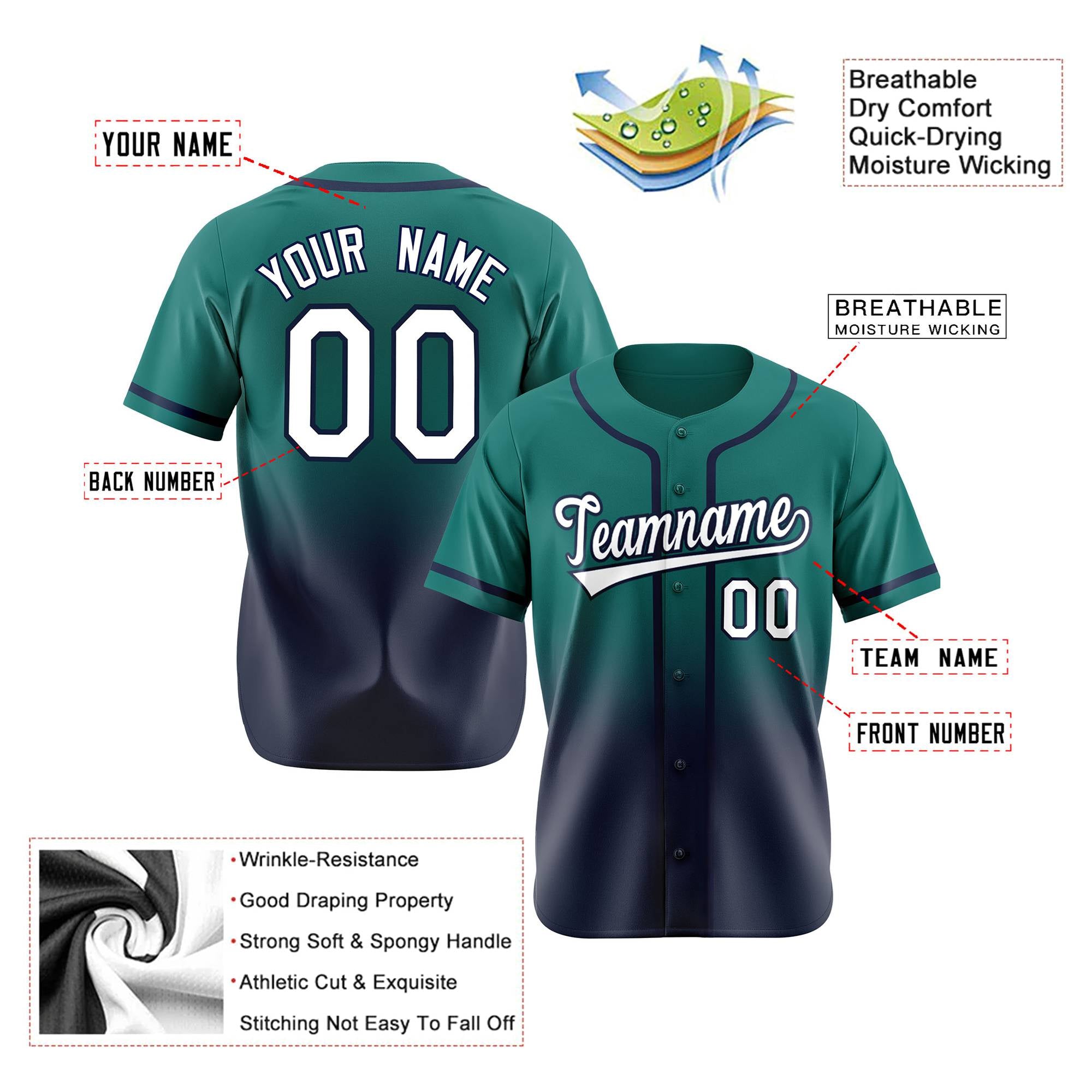 Custom Aqua Navy-White Authentic Fade Fashion Baseball Jersey