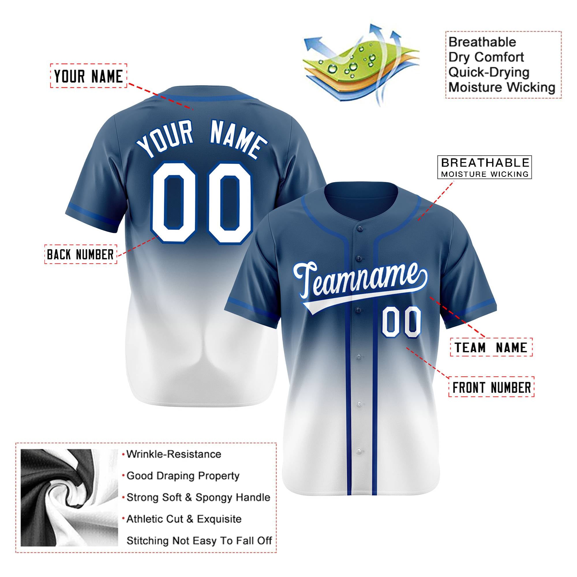 Custom Blue White Authentic Fade Fashion Baseball Jersey