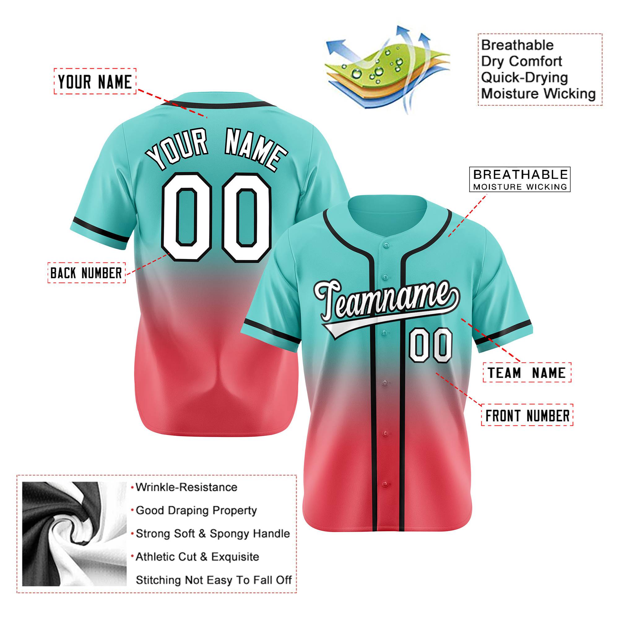 Custom Bright Green Red-Black Authentic Fade Fashion Baseball Jersey