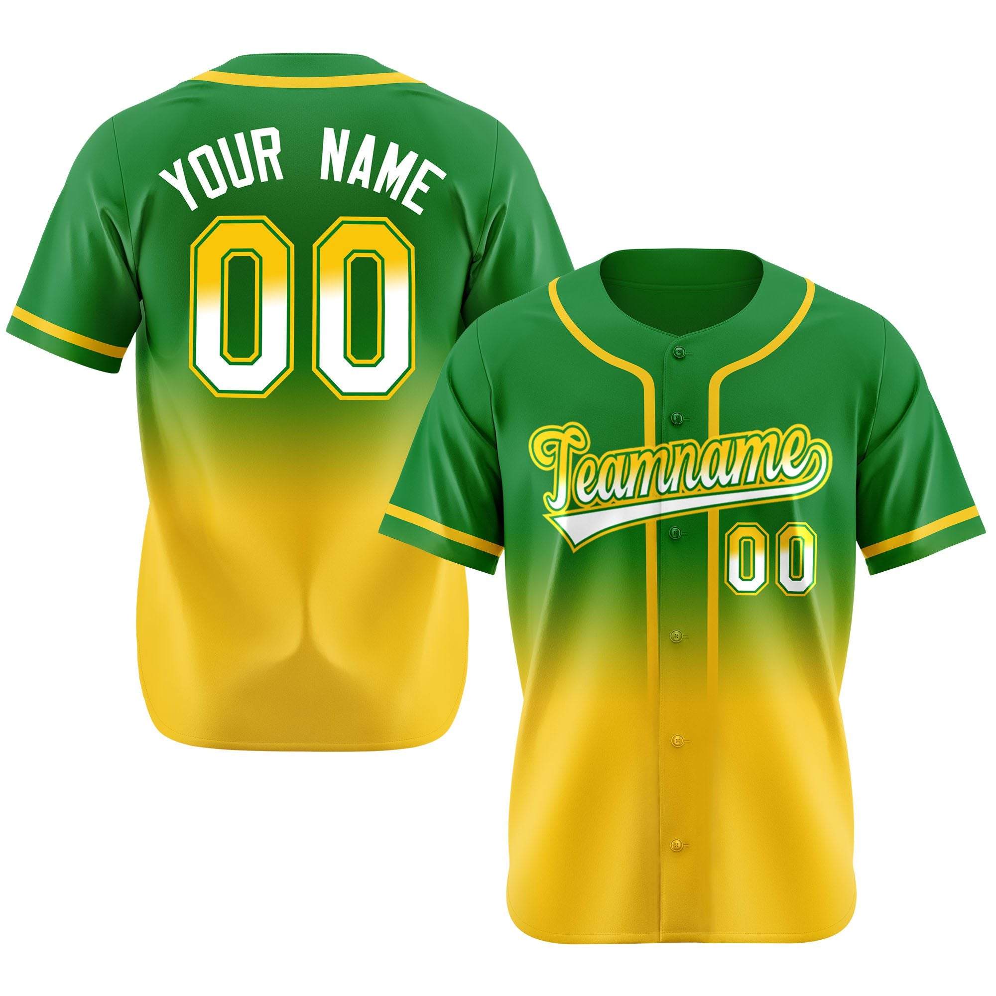 Custom Kelly Green Gold-White Authentic Fade Fashion Baseball Jersey