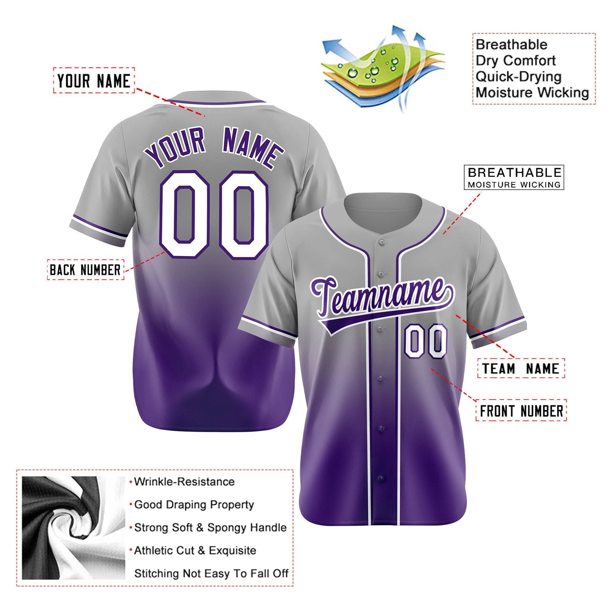 Custom Gray Purple-White Authentic Fade Fashion Baseball Jersey