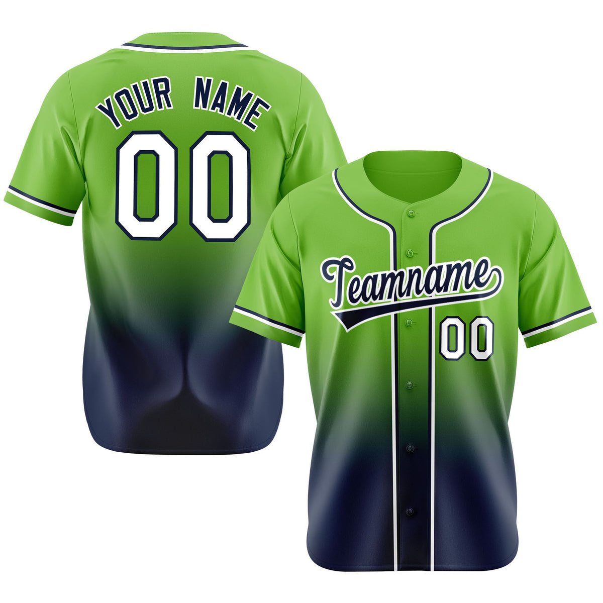 Custom Neon Green Navy-White Authentic Fade Fashion Baseball Jersey