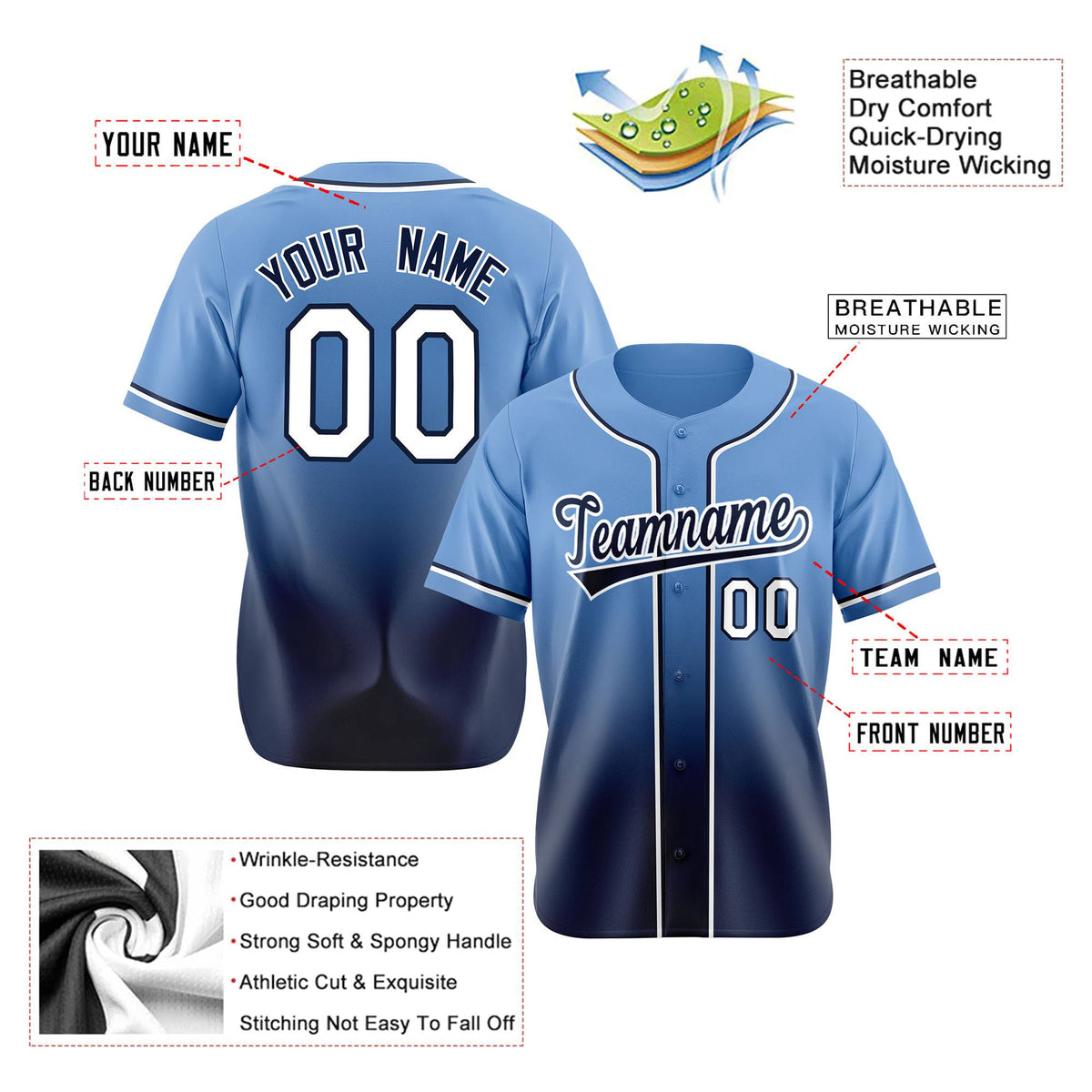 Custom Light Blue Navy-White Authentic Fade Fashion Baseball Jersey