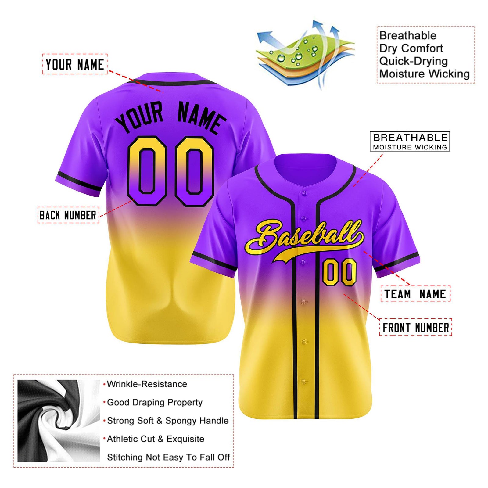 Custom Purple Yellow-Black Authentic Fade Fashion Baseball Jersey