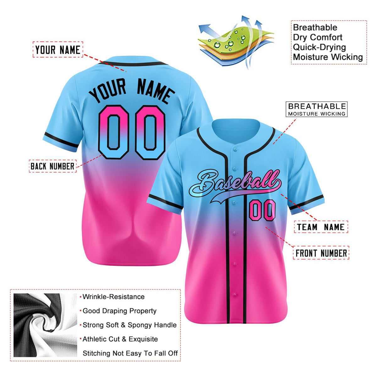 Custom Light Blue Pink-Black Authentic Fade Fashion Baseball Jersey