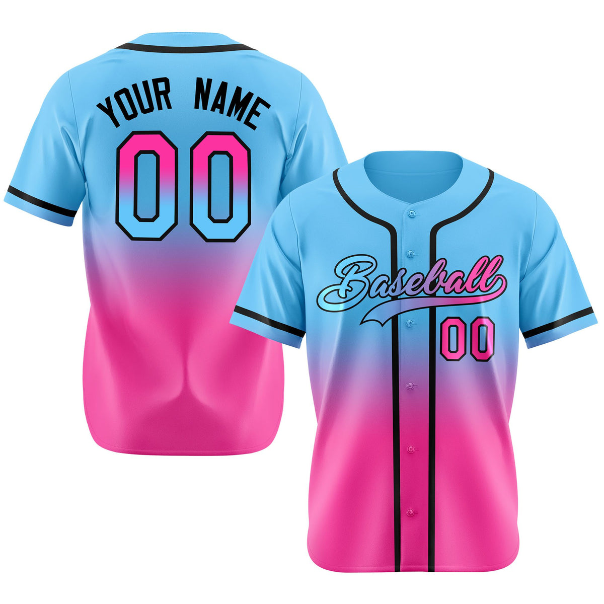 Custom Light Blue Pink-Black Authentic Fade Fashion Baseball Jersey