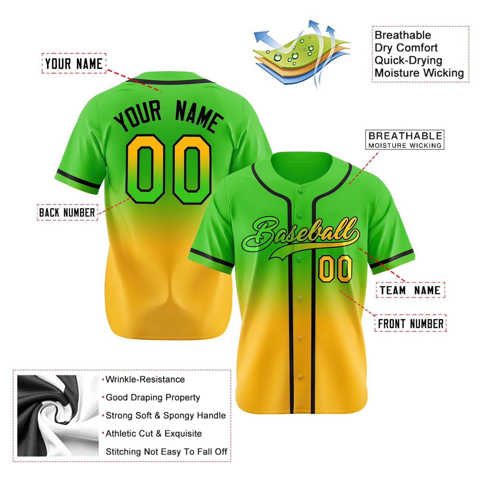 Custom Green Yellow-Black Authentic Fade Fashion Baseball Jersey