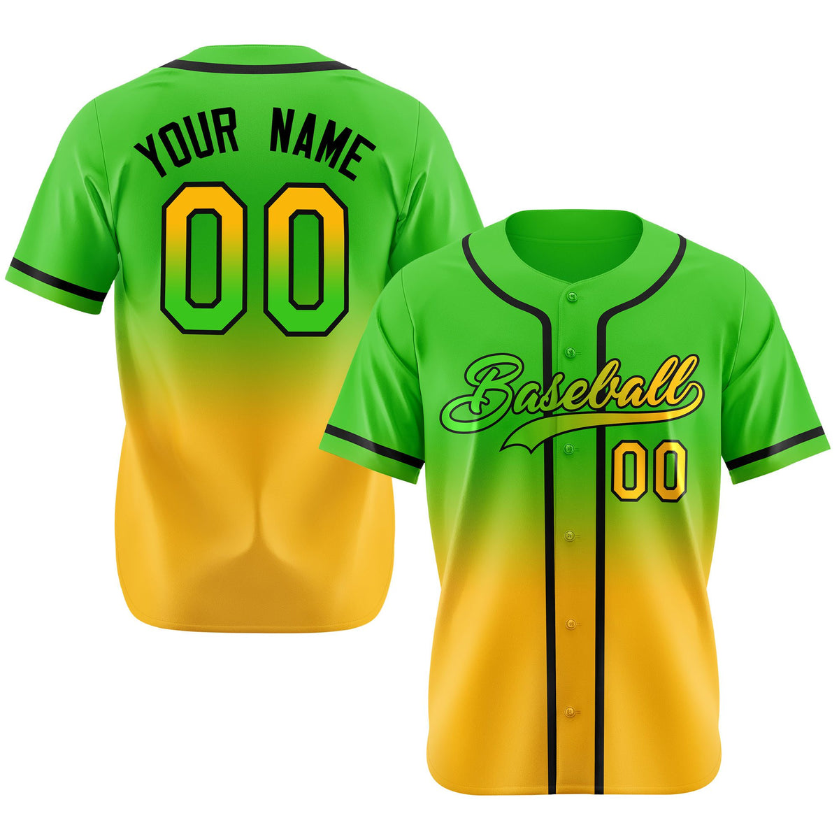 Custom Green Yellow-Black Authentic Fade Fashion Baseball Jersey