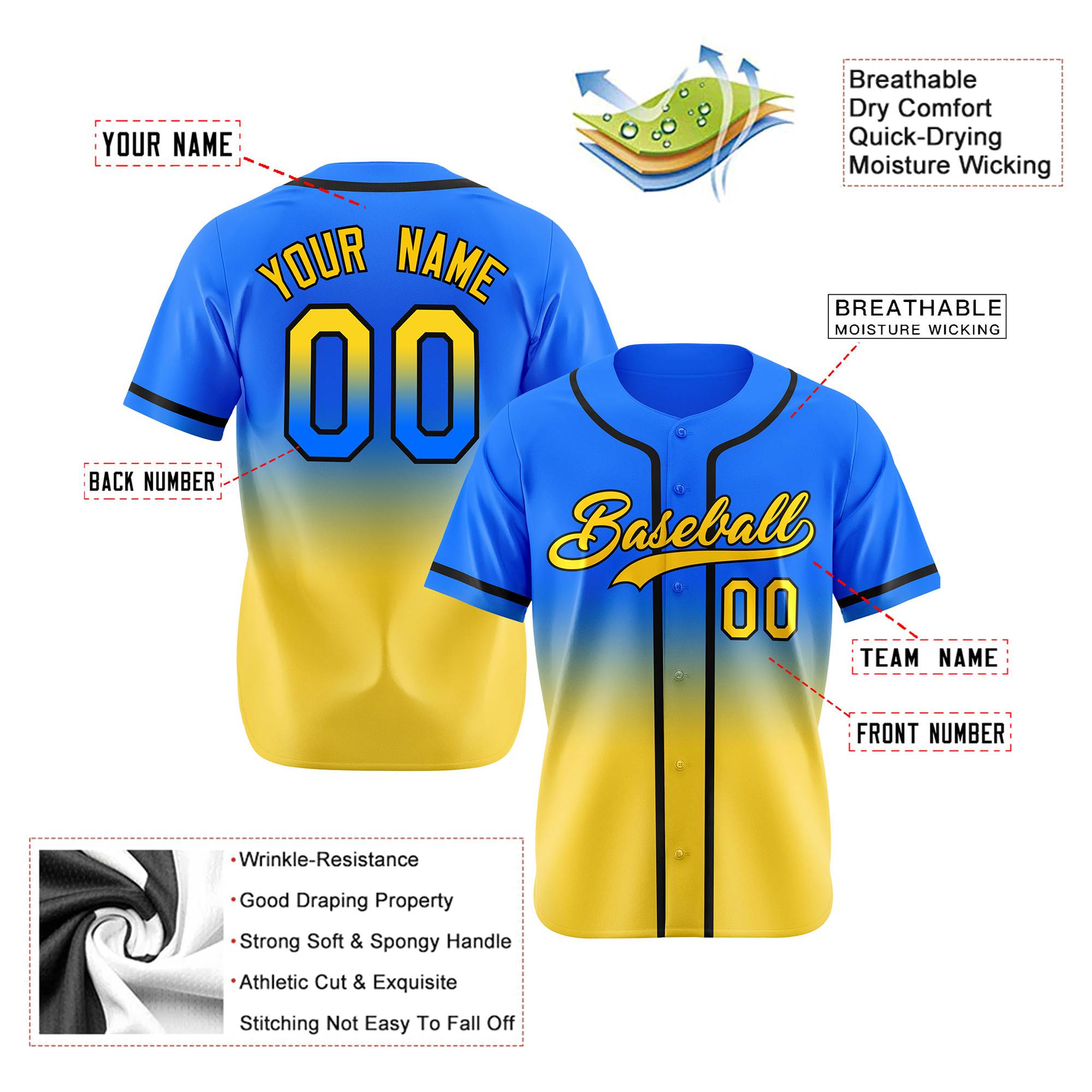 Custom Blue Yellow-Black Authentic Fade Fashion Baseball Jersey