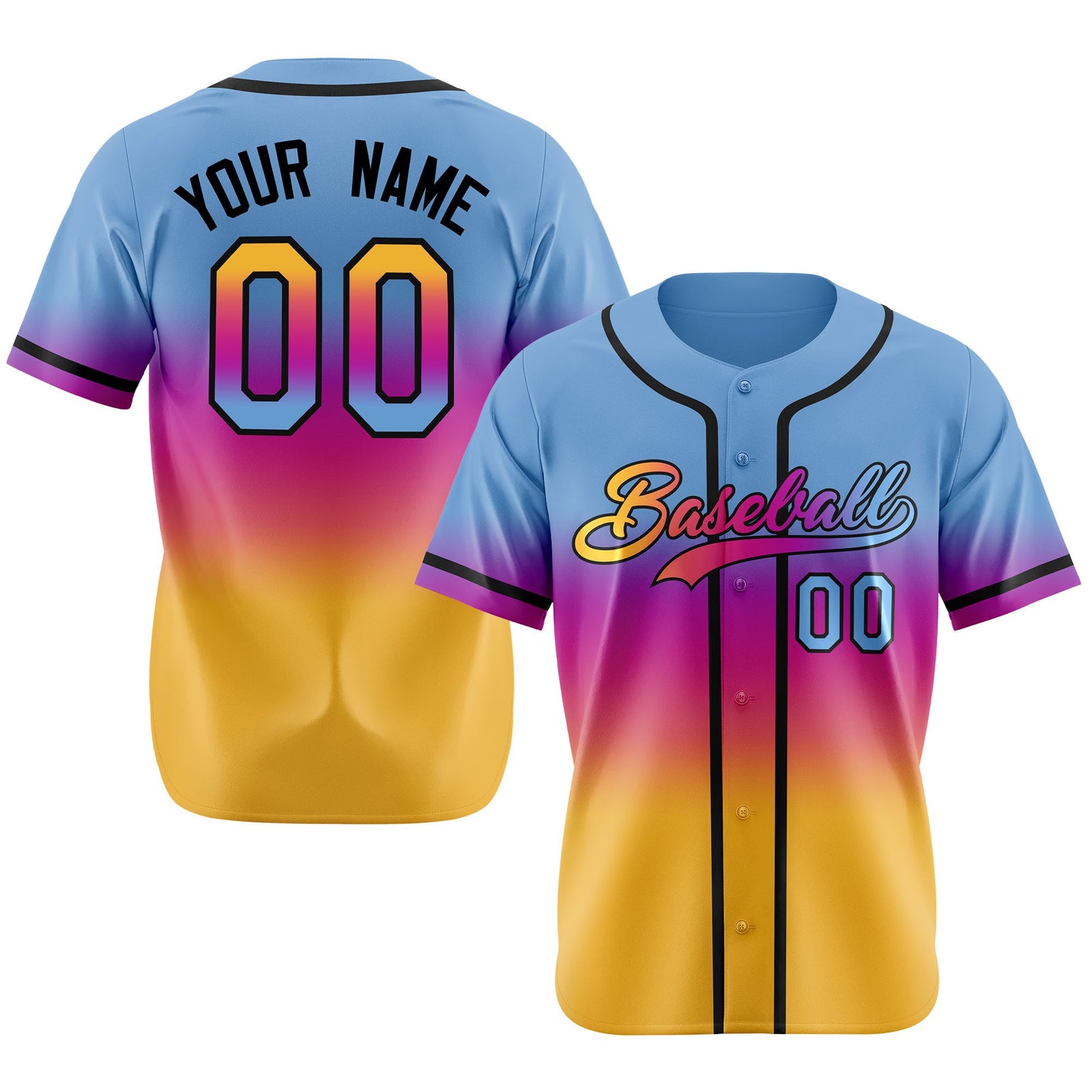Custom Light Blue Pink-Yellow Black Authentic Fade Fashion Baseball Jersey