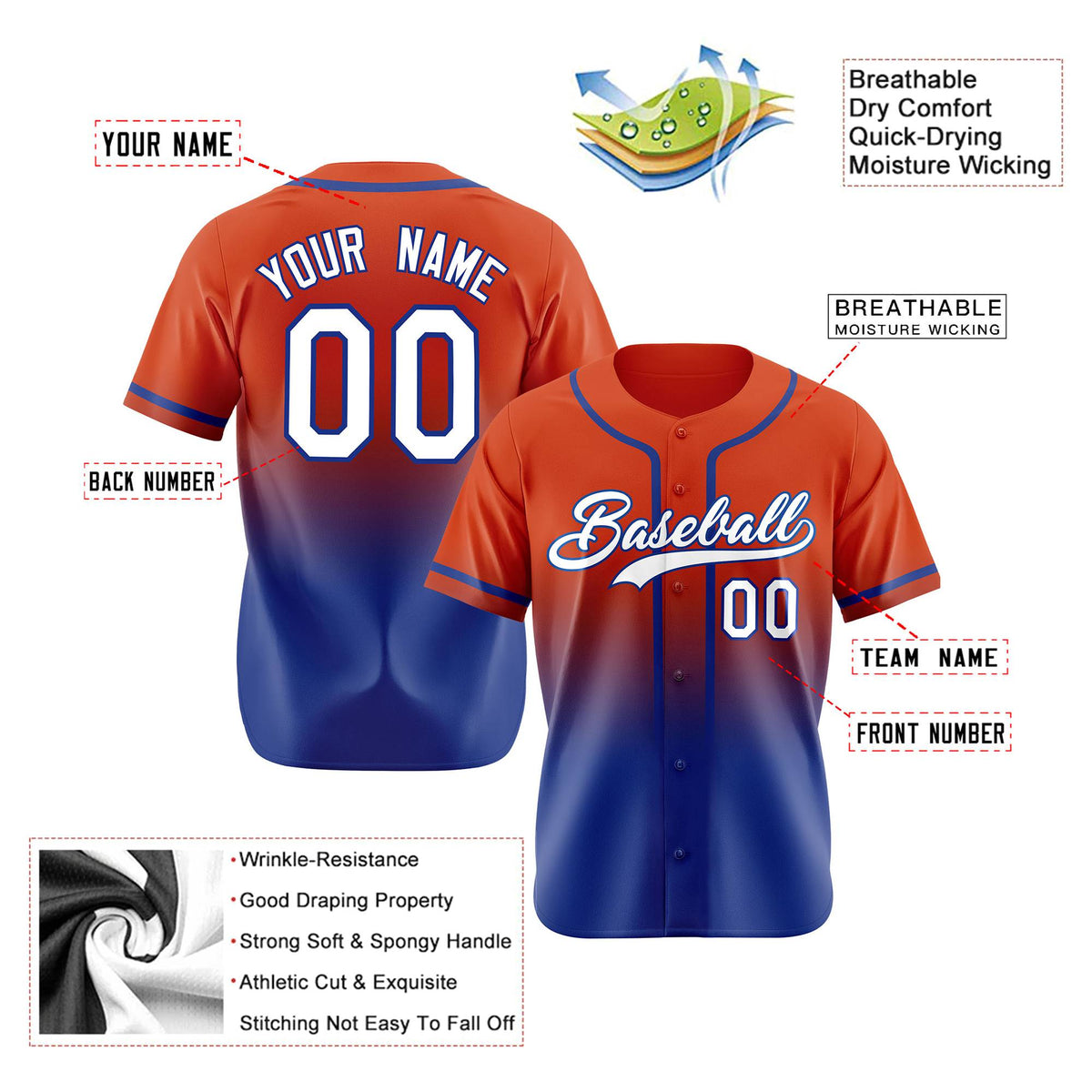 Custom Orange-Royal Blue-White Authentic Fade Fashion Baseball Jersey