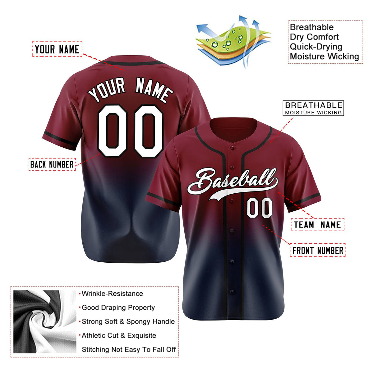 Custom Cardinal Navy-White Authentic Fade Fashion Baseball Jersey