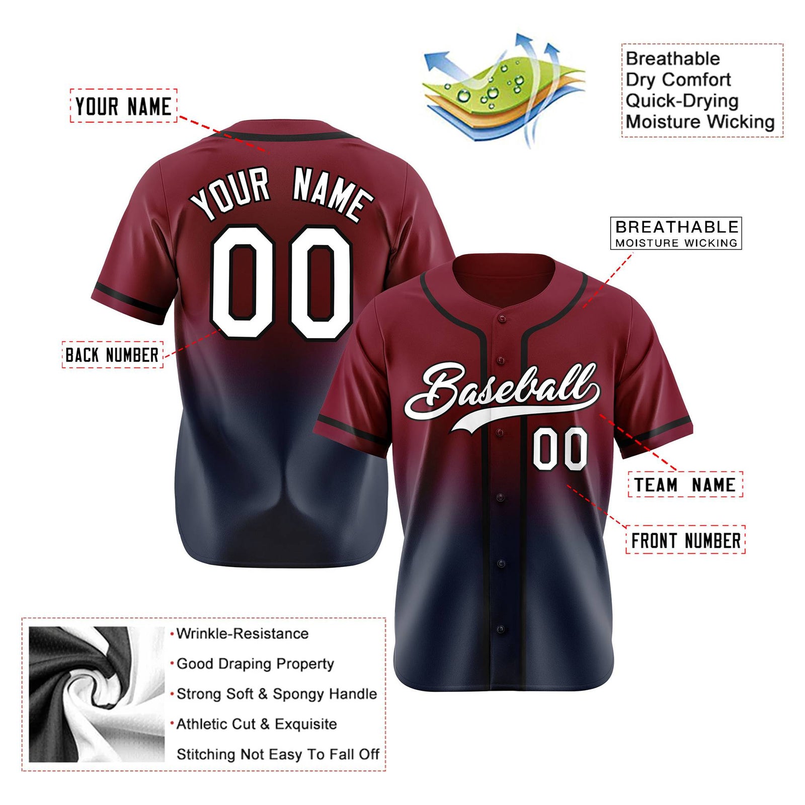 Custom Cardinal Navy-White Authentic Fade Fashion Baseball Jersey