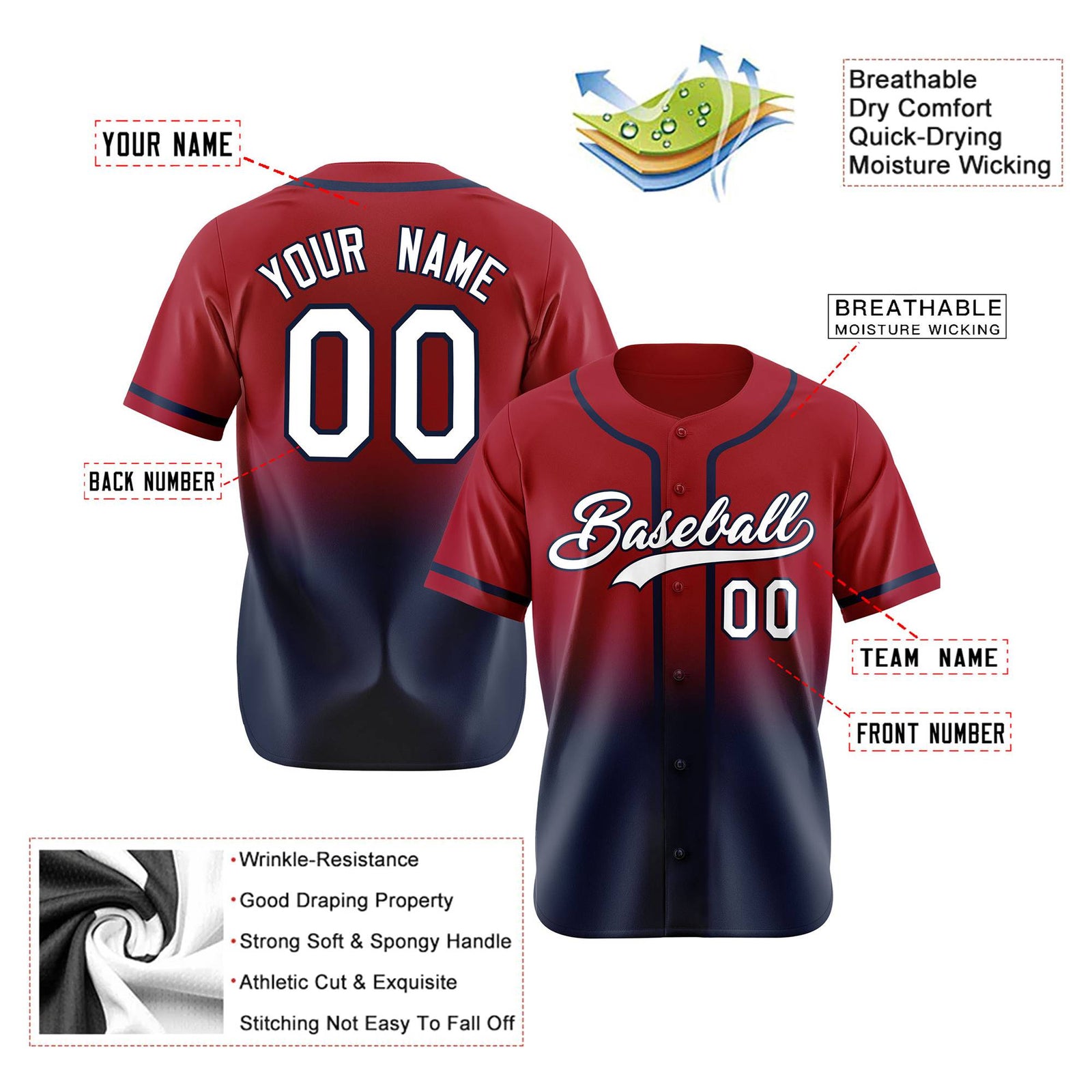 Custom Scarlet Navy-White Authentic Fade Fashion Baseball Jersey