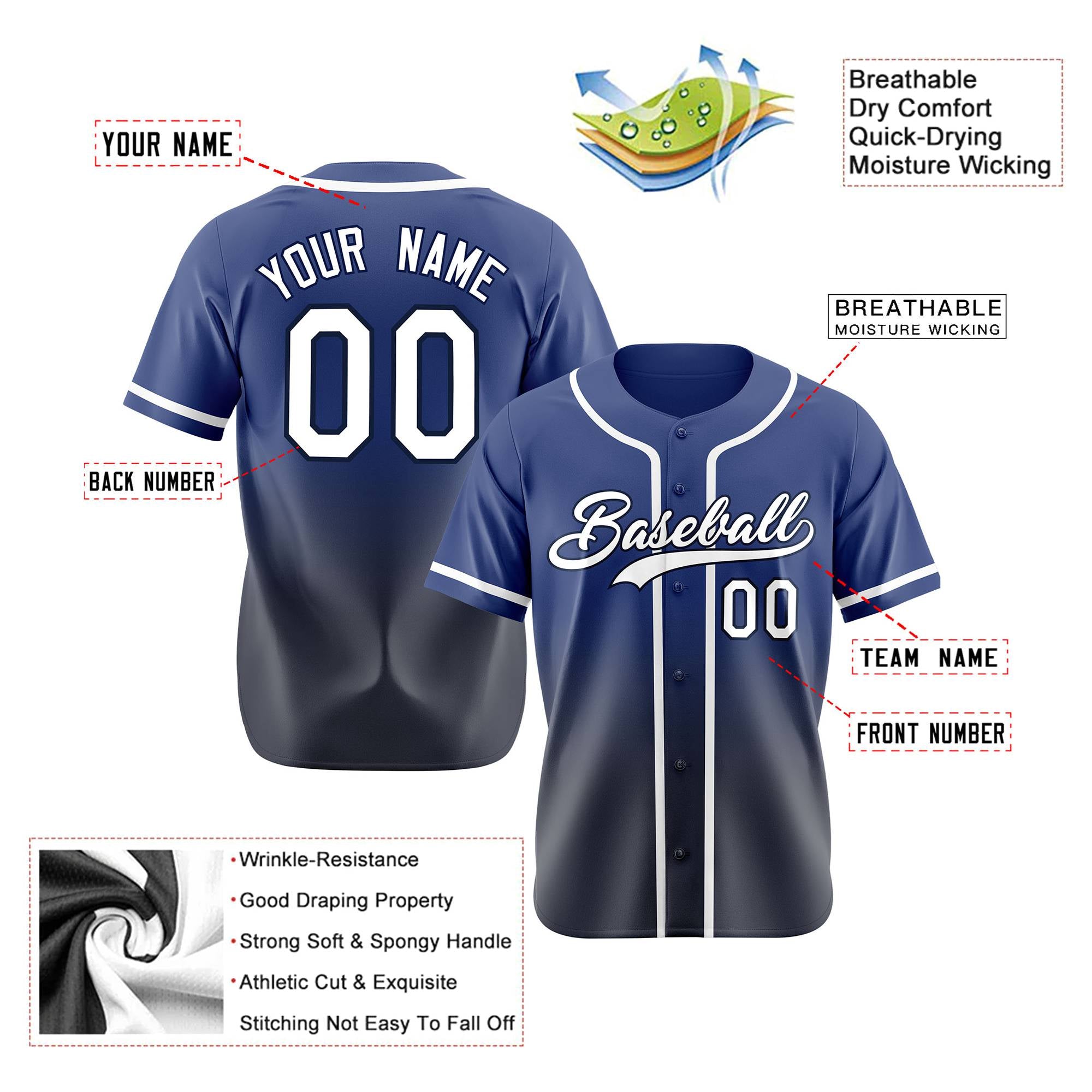 Custom Blue Navy-White Authentic Fade Fashion Baseball Jersey