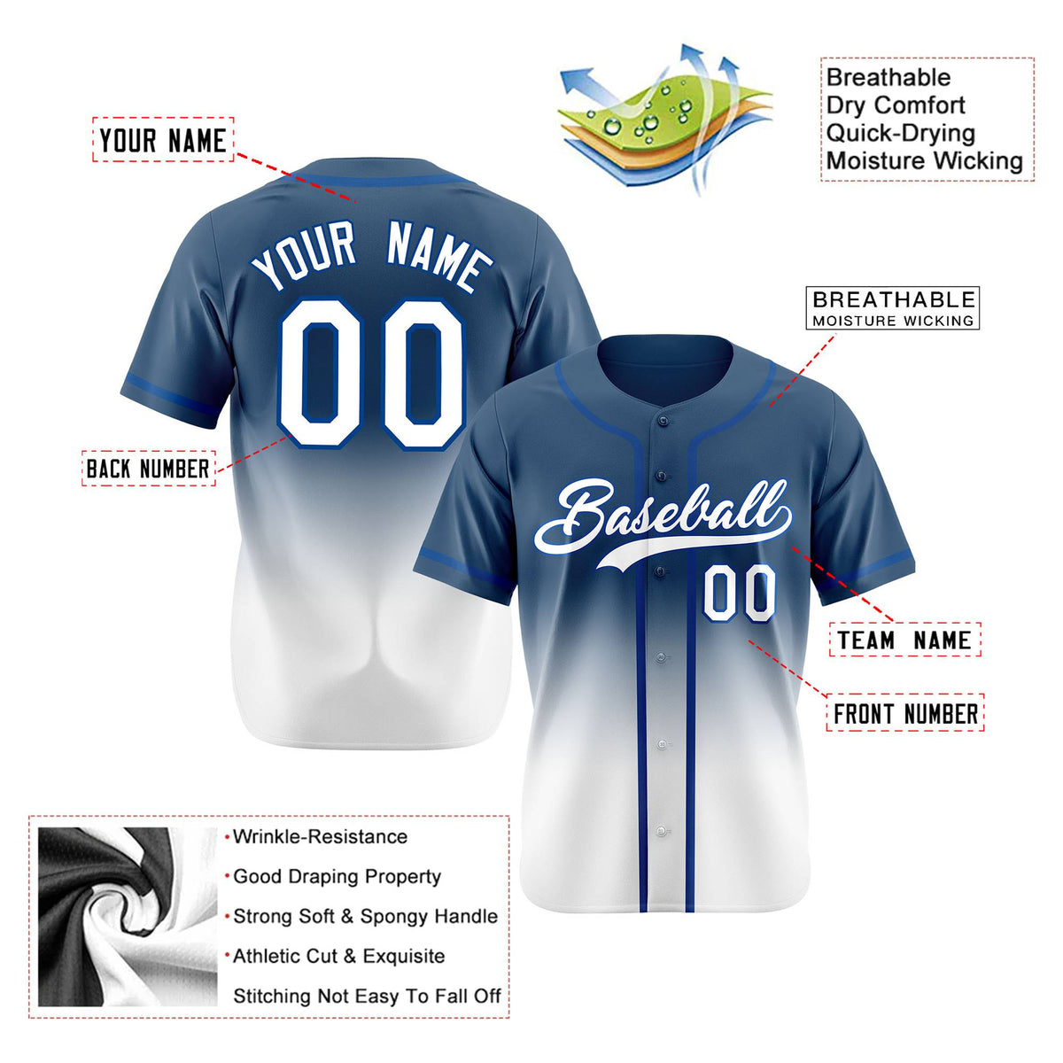 Custom Blue White Authentic Fade Fashion Baseball Jersey