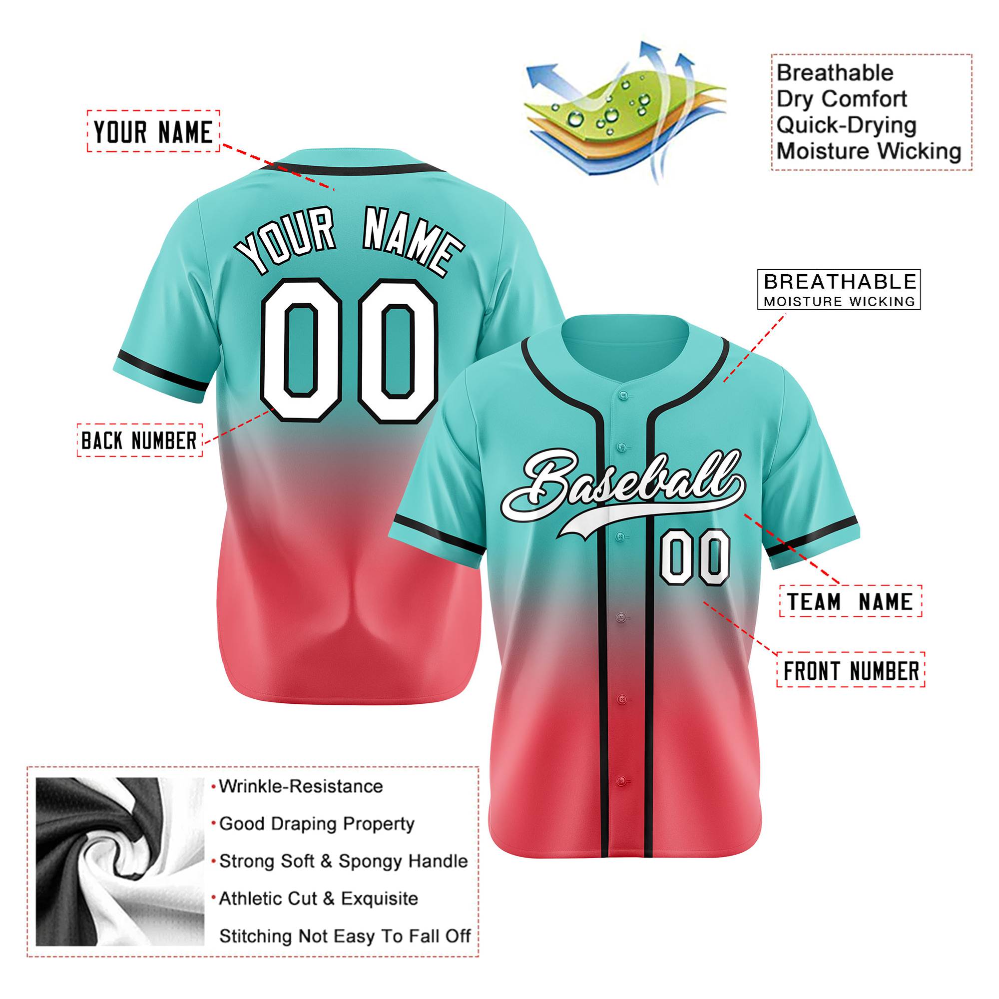 Custom Bright Green Red-Black Authentic Fade Fashion Baseball Jersey