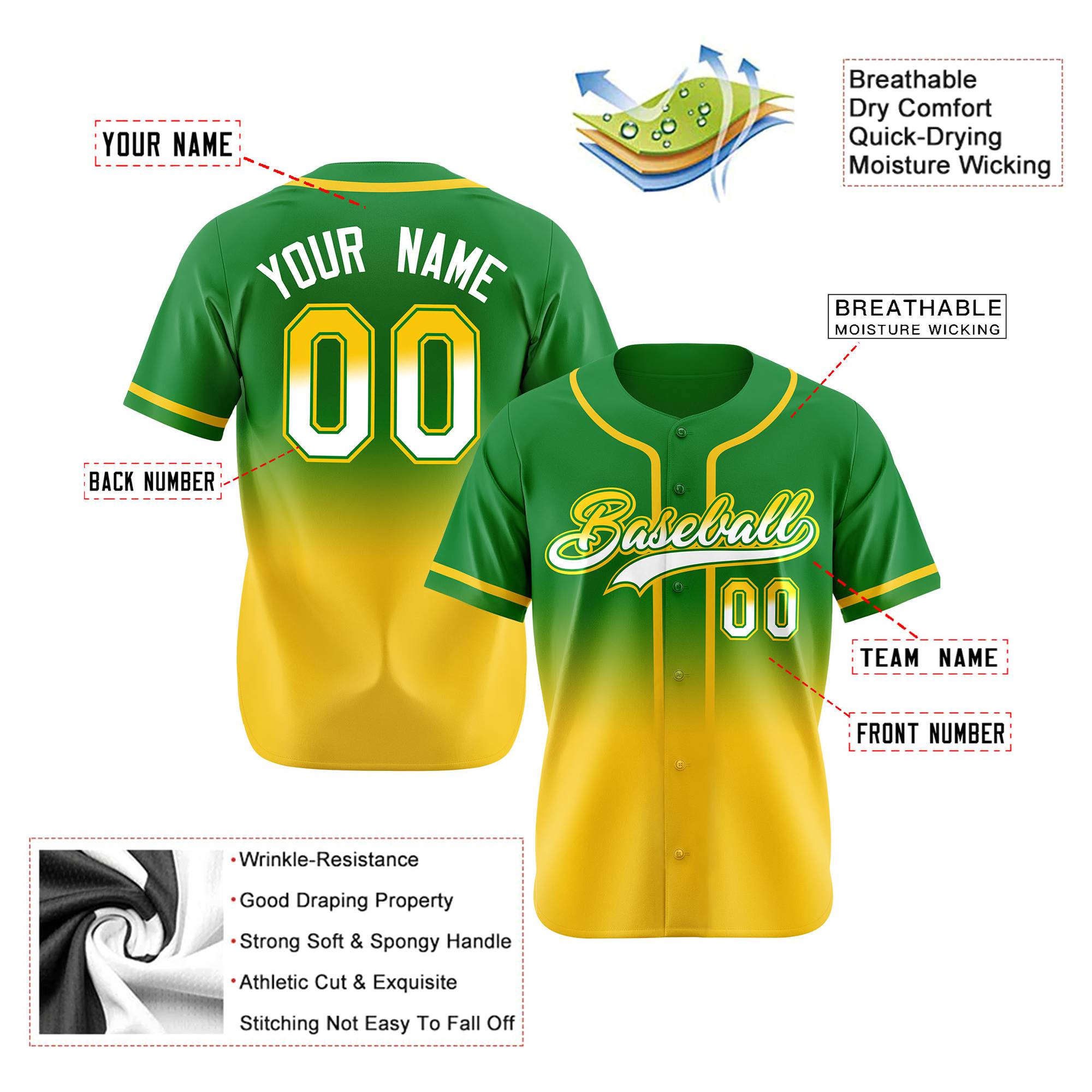 Custom Kelly Green Gold-White Authentic Fade Fashion Baseball Jersey