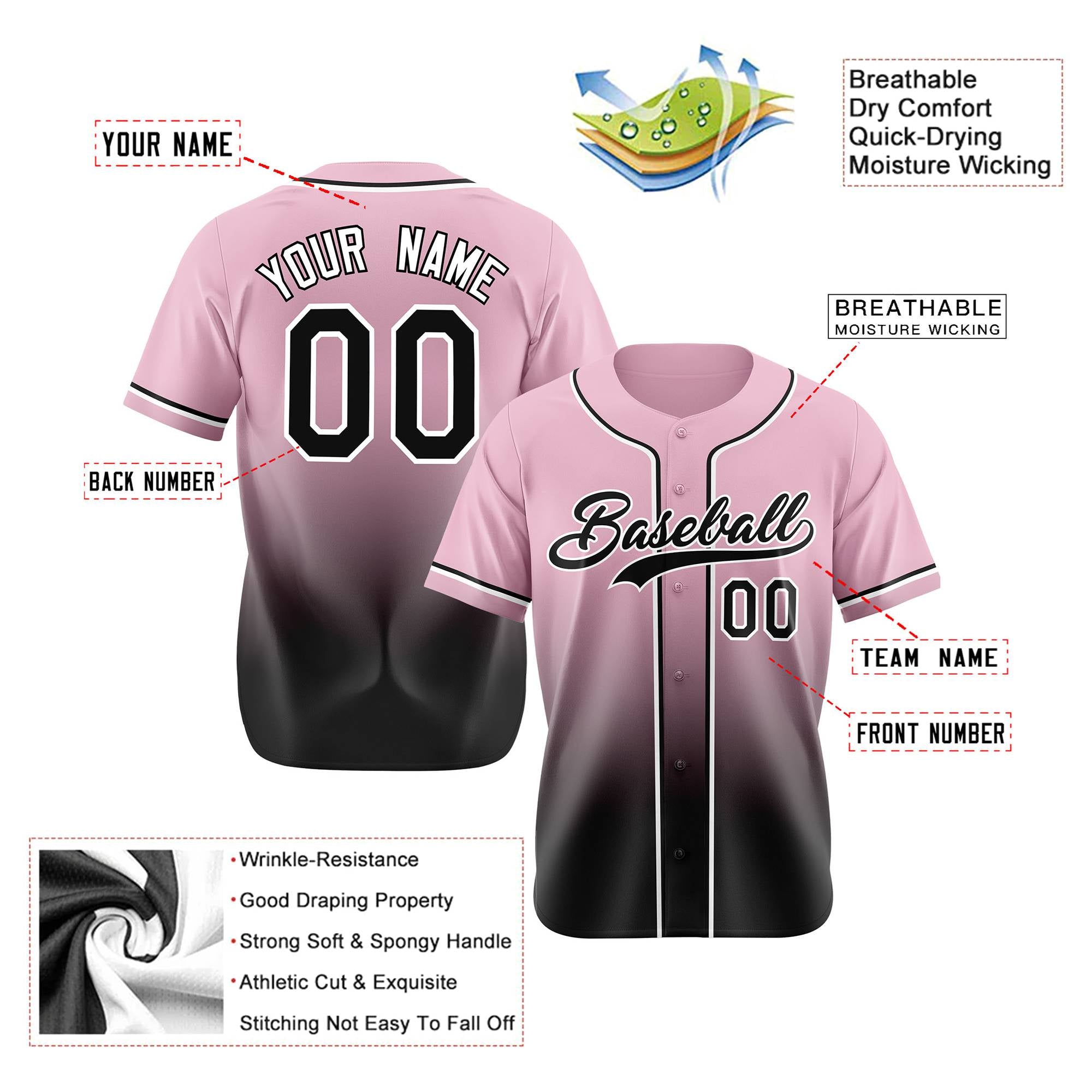 Custom Pink Black-White Authentic Fade Fashion Baseball Jersey