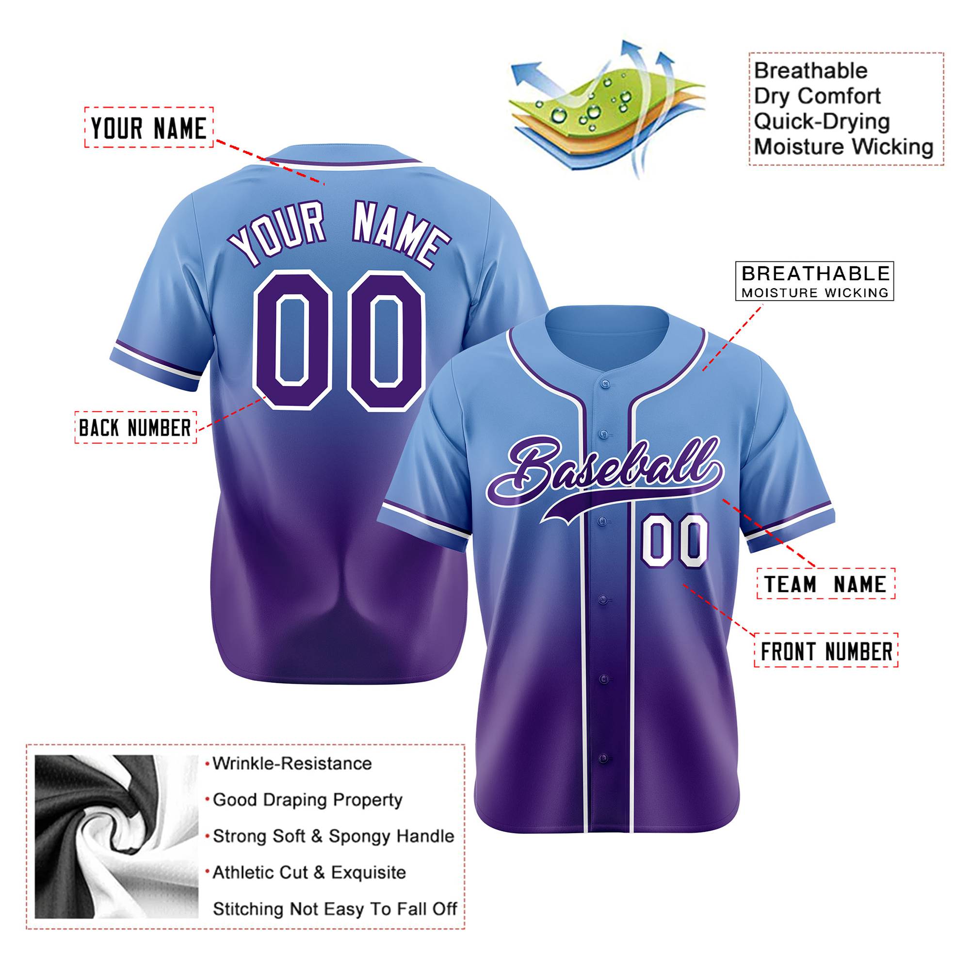 Custom Light Blue Purple-White Authentic Fade Fashion Baseball Jersey