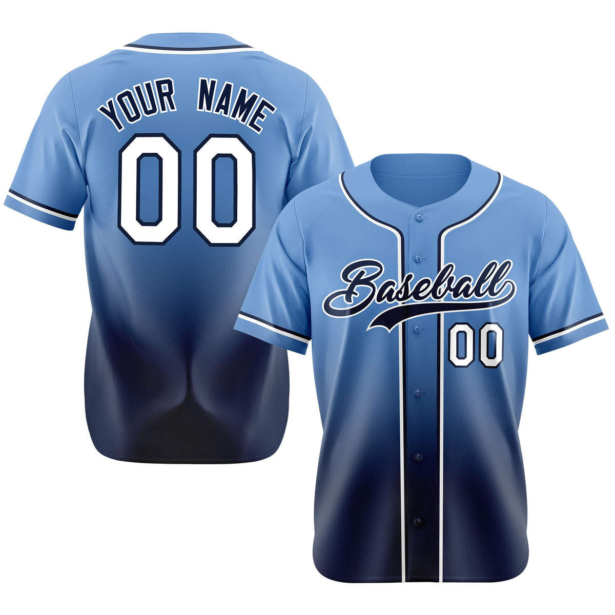 Custom Light Blue Navy-White Authentic Fade Fashion Baseball Jersey
