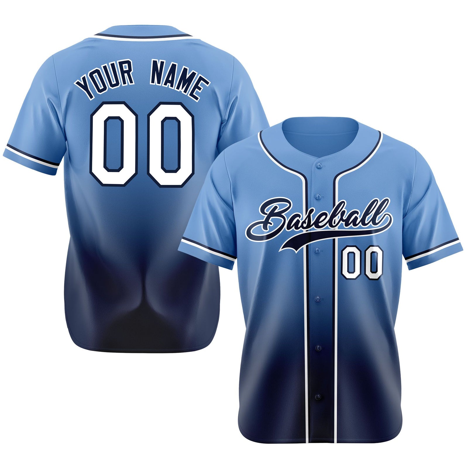 Custom Light Blue Navy-White Authentic Fade Fashion Baseball Jersey