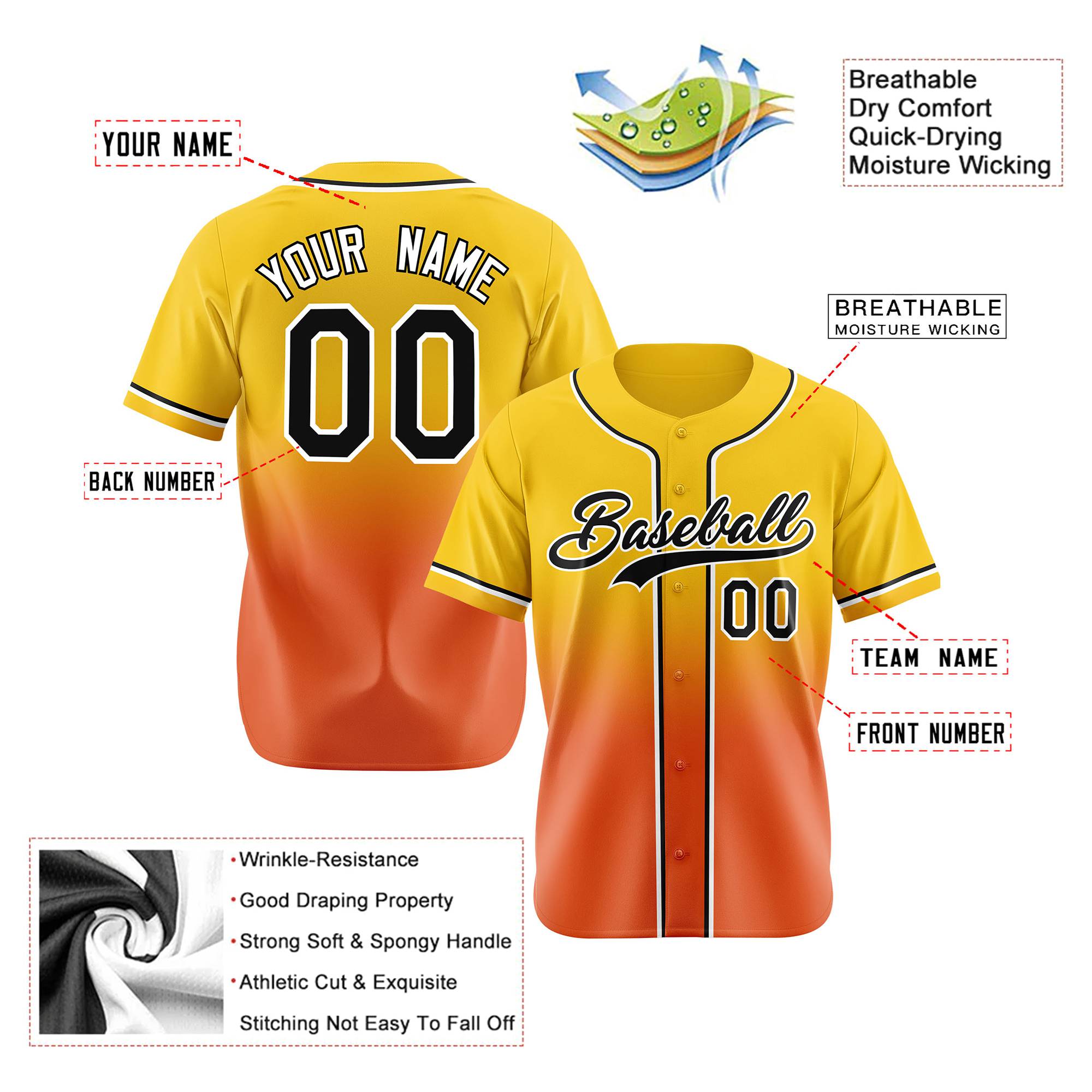 Custom Gold Orange-Black Authentic Fade Fashion Baseball Jersey