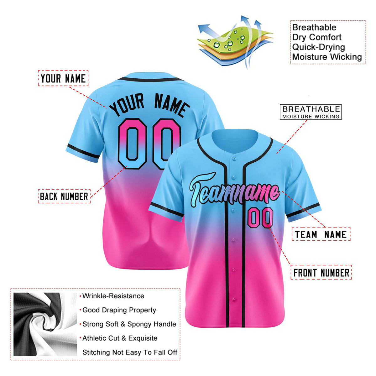 Custom Light Blue Pink-Black Authentic Fade Fashion Baseball Jersey