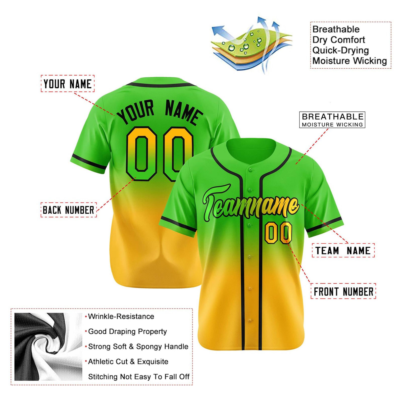 Custom Green Yellow-Black Authentic Fade Fashion Baseball Jersey