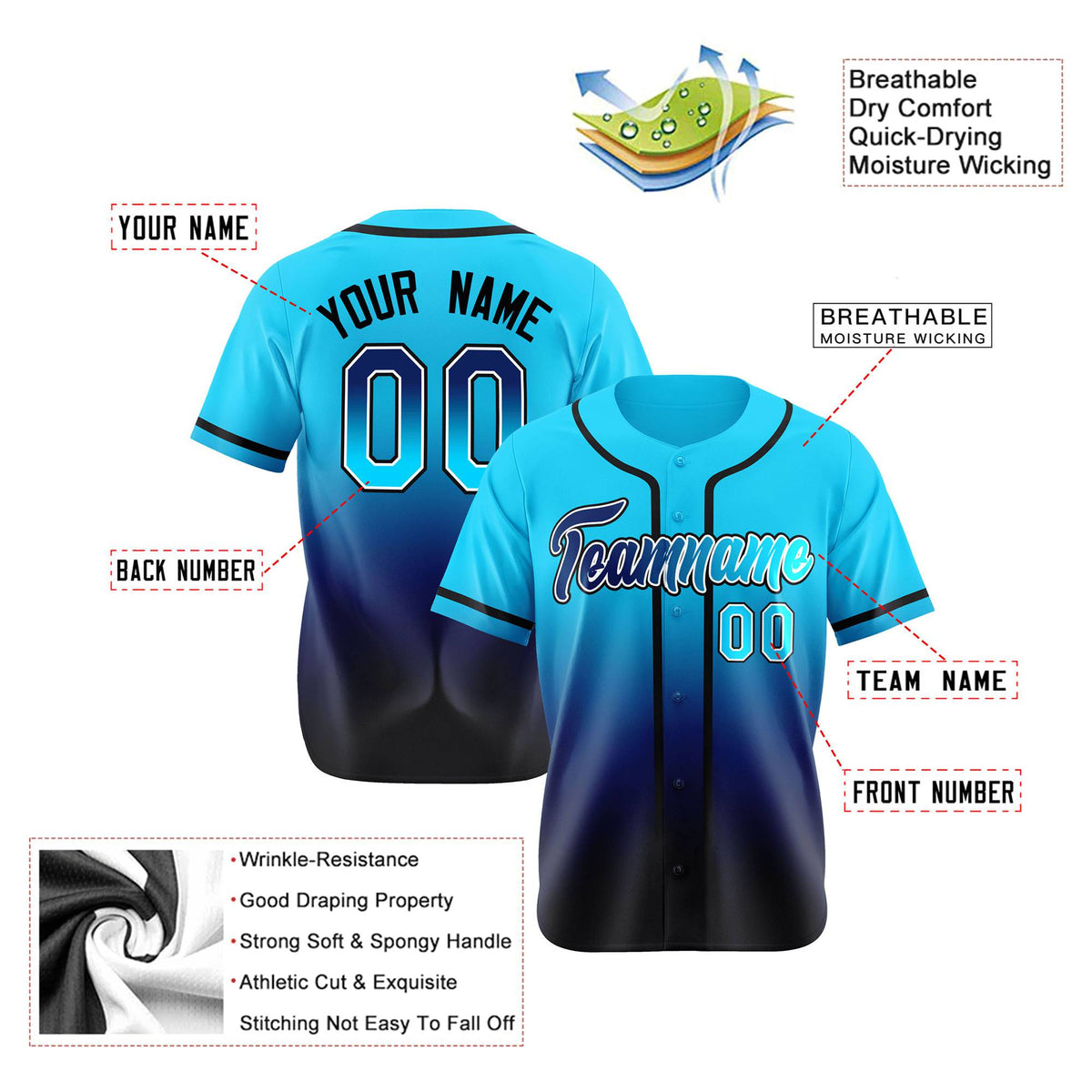 Custom Sky Blue Navy Authentic Fade Fashion Baseball Jersey