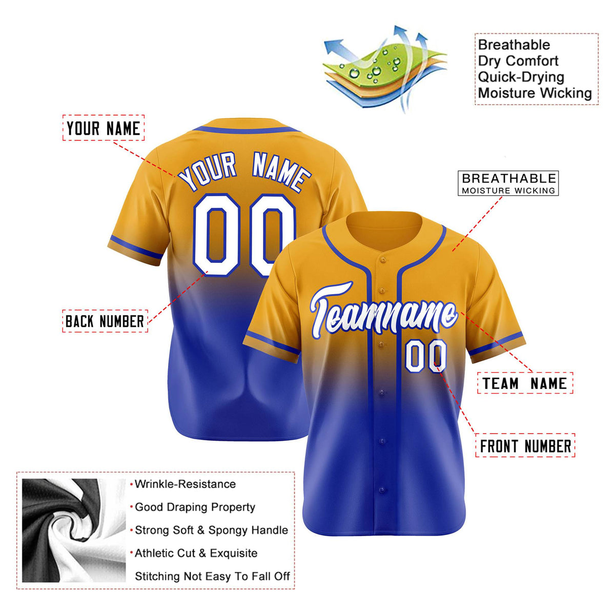 Custom Yellow Blue-White Authentic Fade Fashion Baseball Jersey