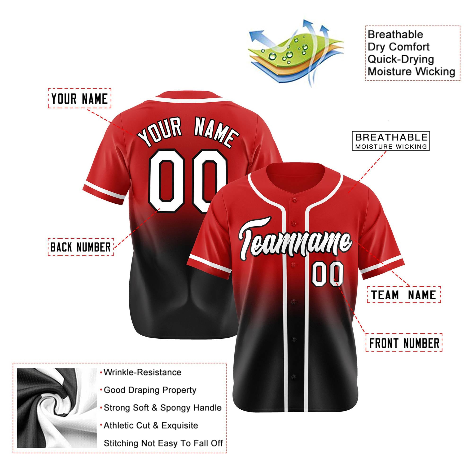 Custom Red Black-White Authentic Fade Fashion Baseball Jersey