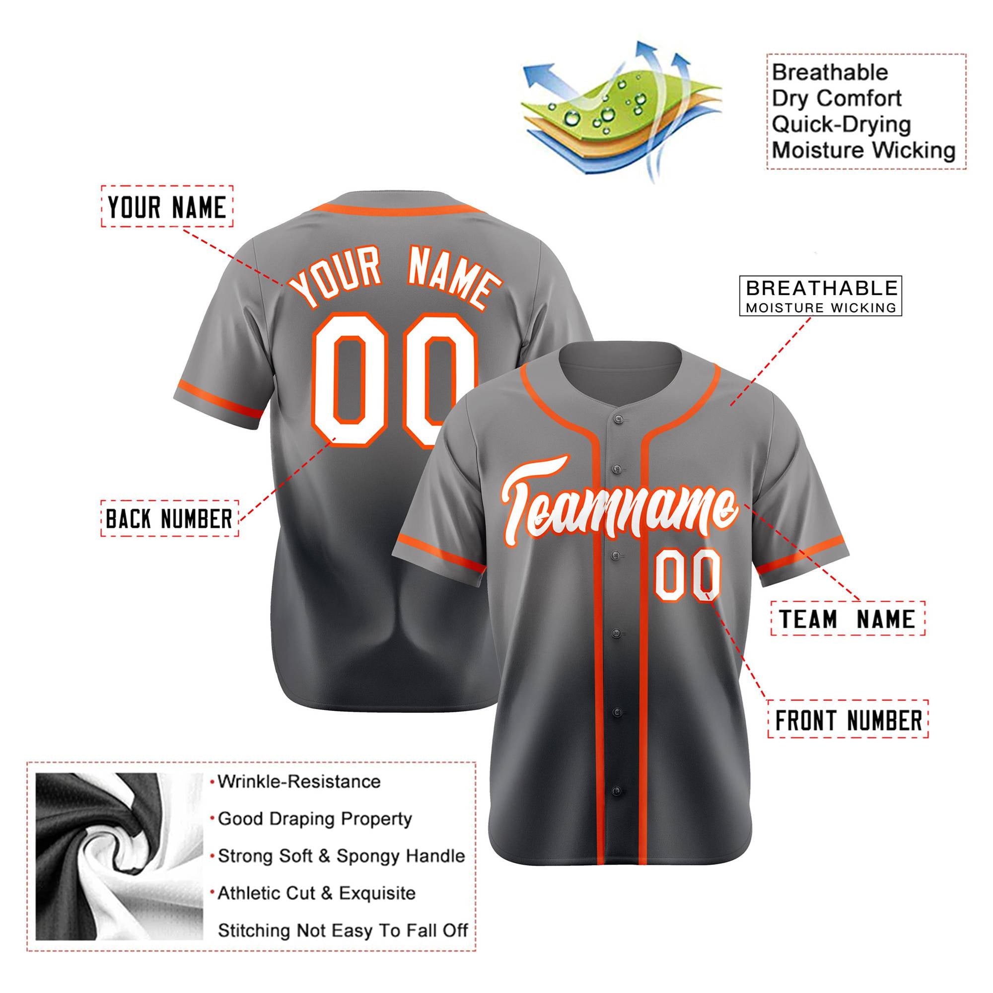 Custom Gray White-Orange Authentic Fade Fashion Baseball Jersey