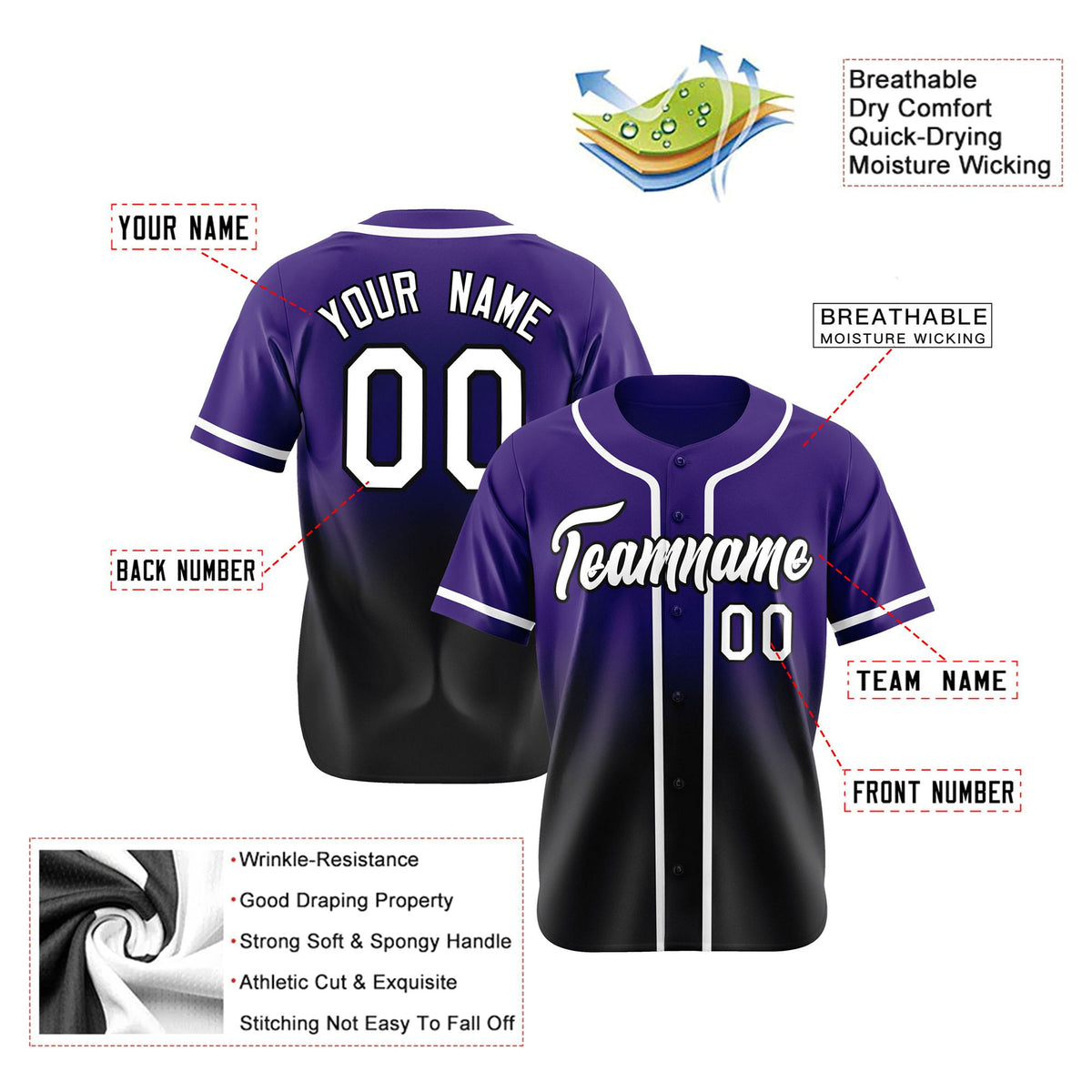 Custom Purple Black-White Authentic Fade Fashion Baseball Jersey