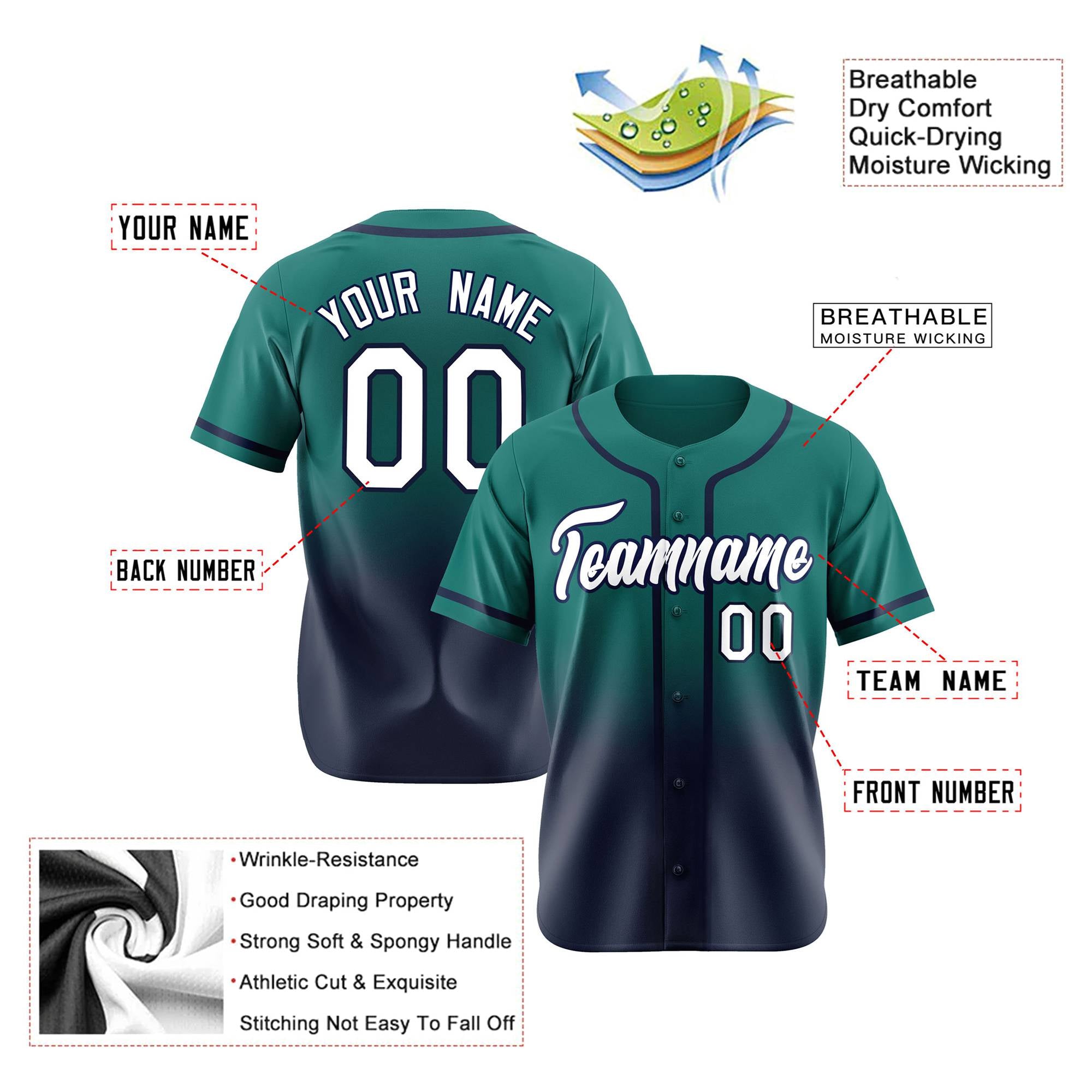 Custom Aqua Navy-White Authentic Fade Fashion Baseball Jersey