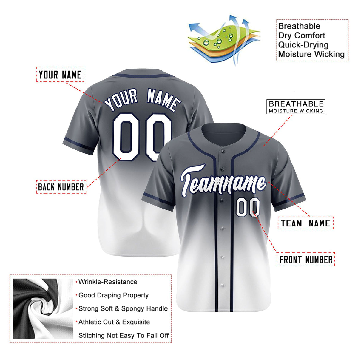 Custom Dark Gray White Authentic Fade Fashion Baseball Jersey